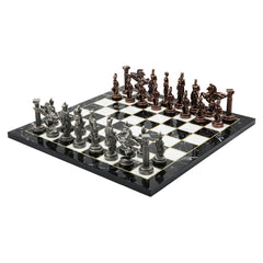 Greek Mythology Pegasus Metal Chess Set | Wooden Chess Board 37CM (15") with Die Cast Metal Stands (Vintage Silver vs Bronze)