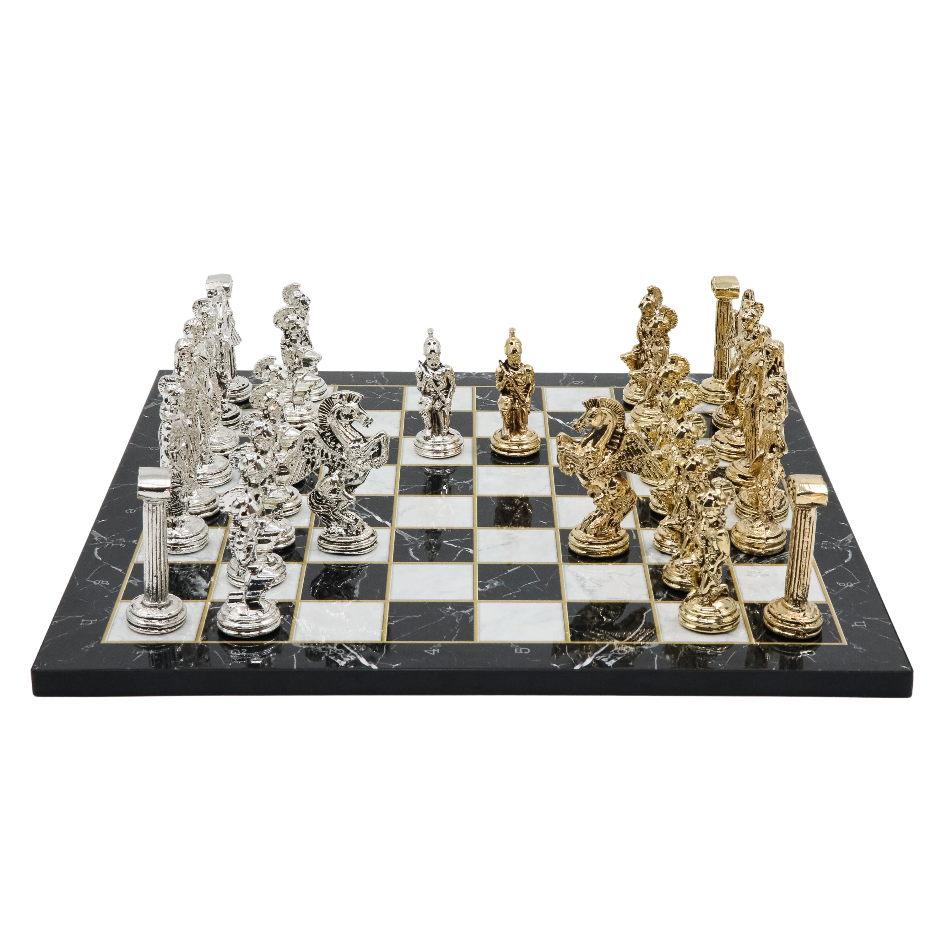 Greek Mythology Pegasus Metal Chess Set | Wooden Chess Board 30CM (12") with Die Cast Metal Stands