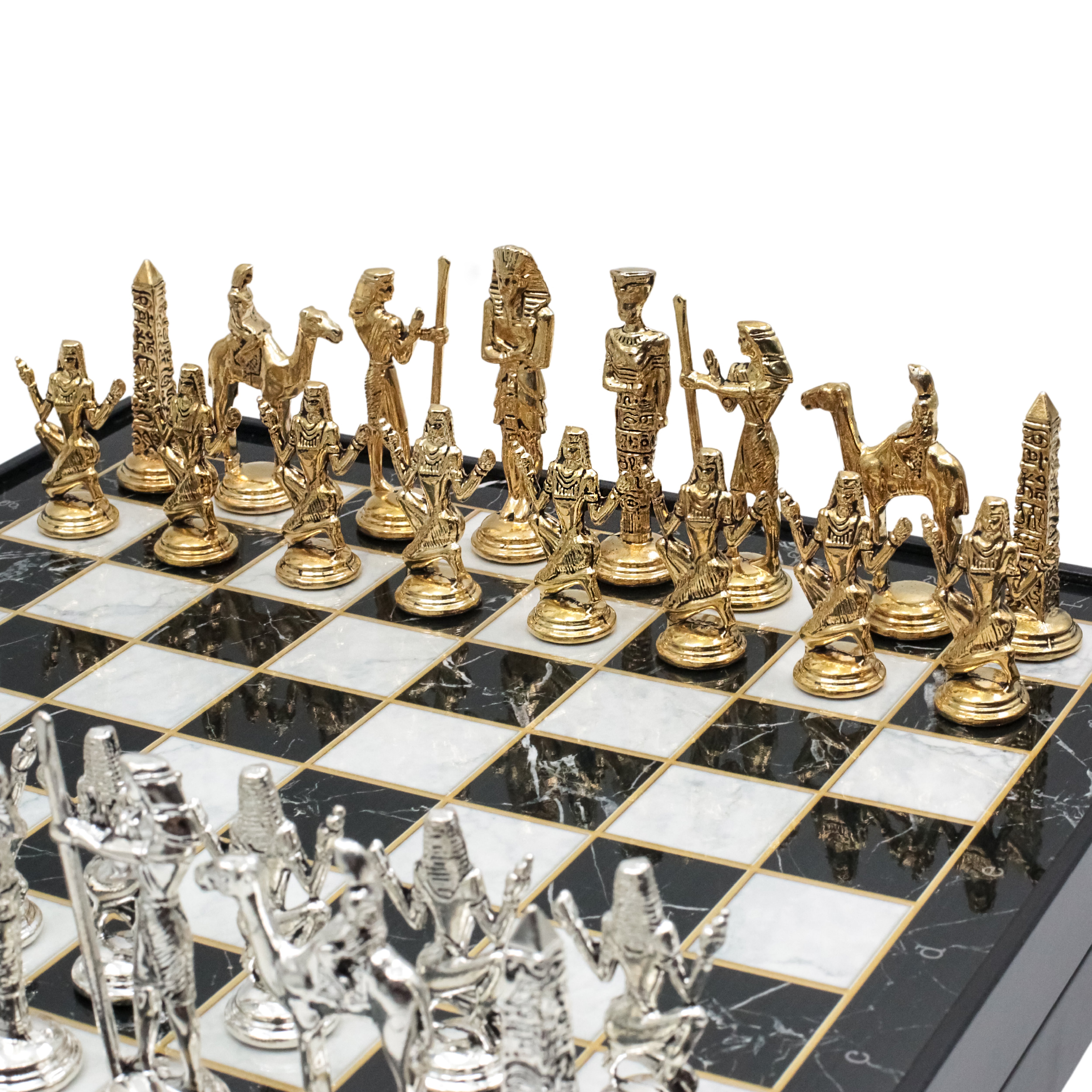 Storage Chess Set with Die Cast Metal Egyptian Cleopatra Chessmen | 37 CM (15") Storage Chess Board | Egypt Cleopatra Themed Figures