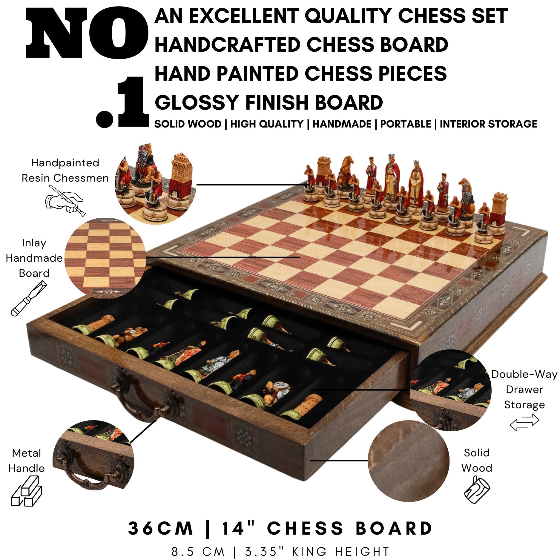 Handmade Inlay Chess Set with Drawer Storage 38 CM (15") - Camelot King Arthur Pieces