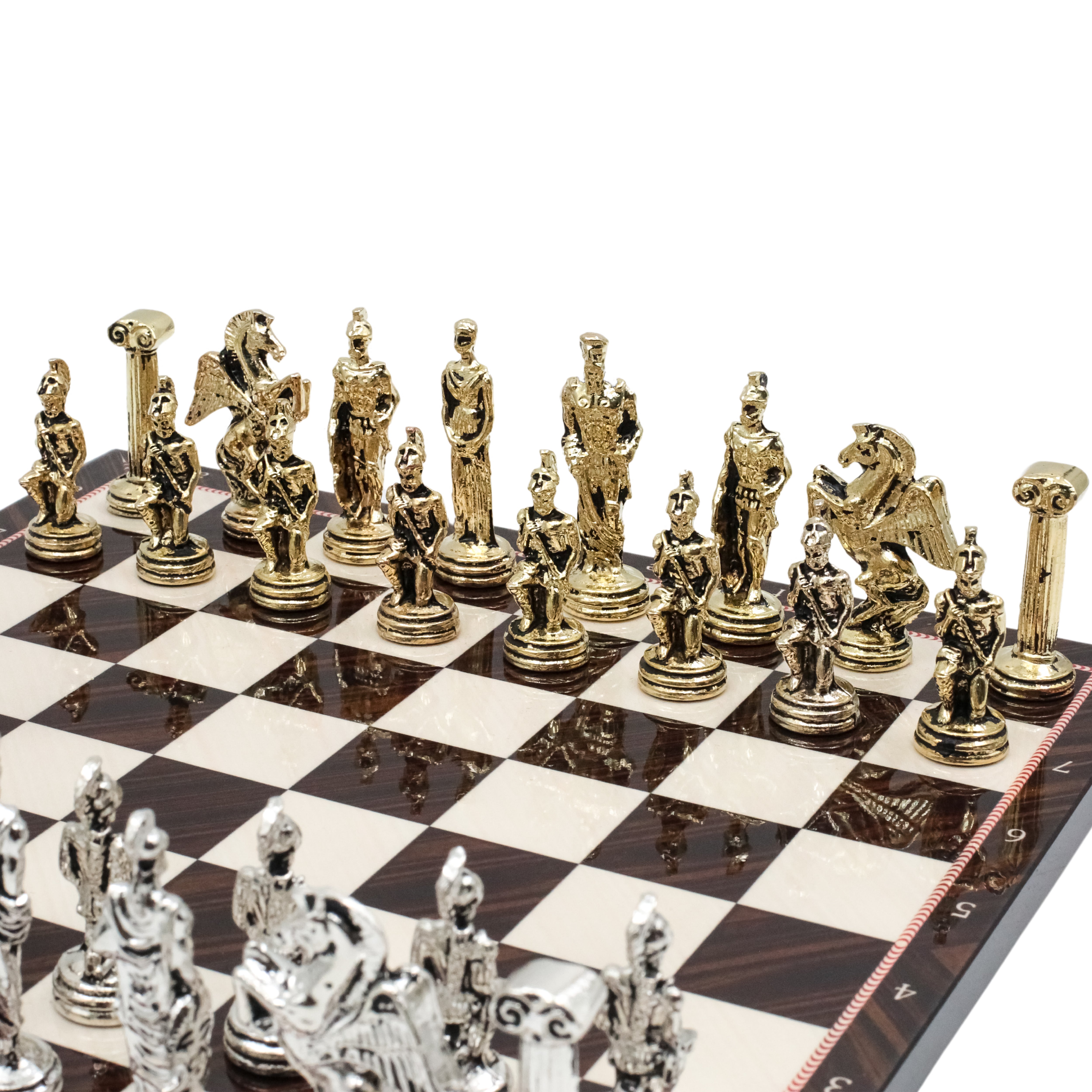 Greek Mythology Pegasus Metal Chess Set | Wooden Chess Board 30CM (12") with Die Cast Metal Stands