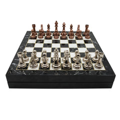 Storage Chess Set with Metal Weighted Staunton Figures (Bronze vs Silver) | 37 CM (15") Storage Chess Board | Classic Metal Figures