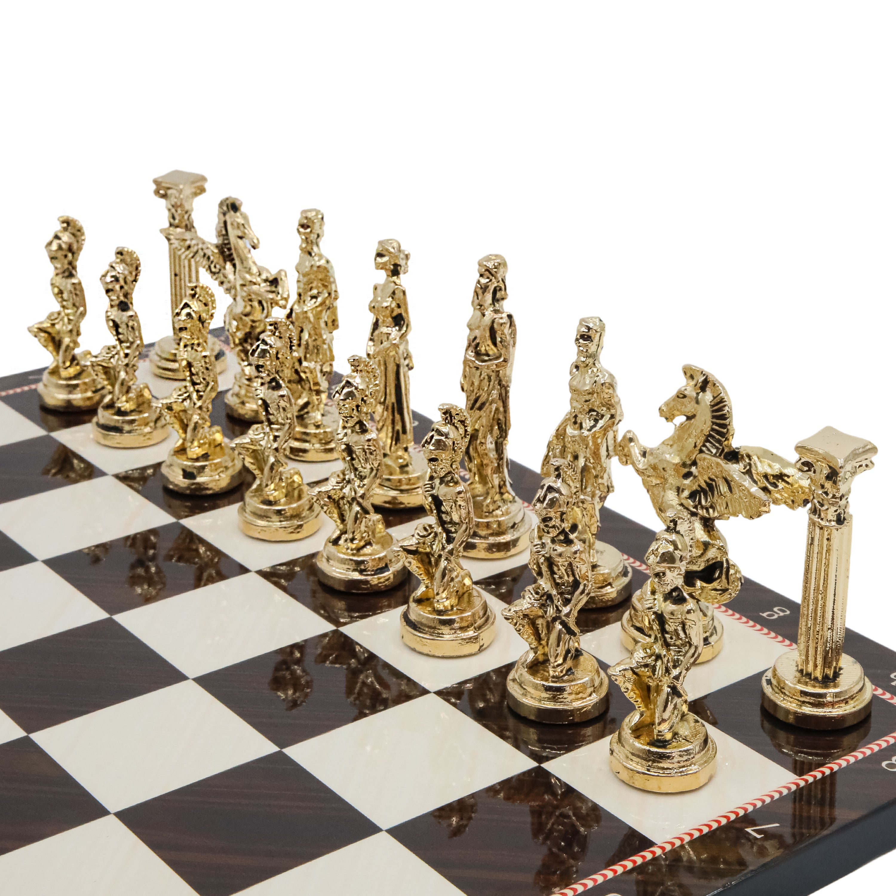 Greek Mythology Pegasus Metal Chess Set | Wooden Chess Board 44CM (17") with Die Cast Metal Stands