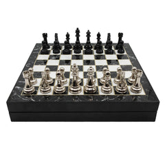 Storage Chess Set with Metal Weighted Staunton Figures (Black vs Silver) | 37 CM (15") Storage Chess Board | Classic Metal Figures