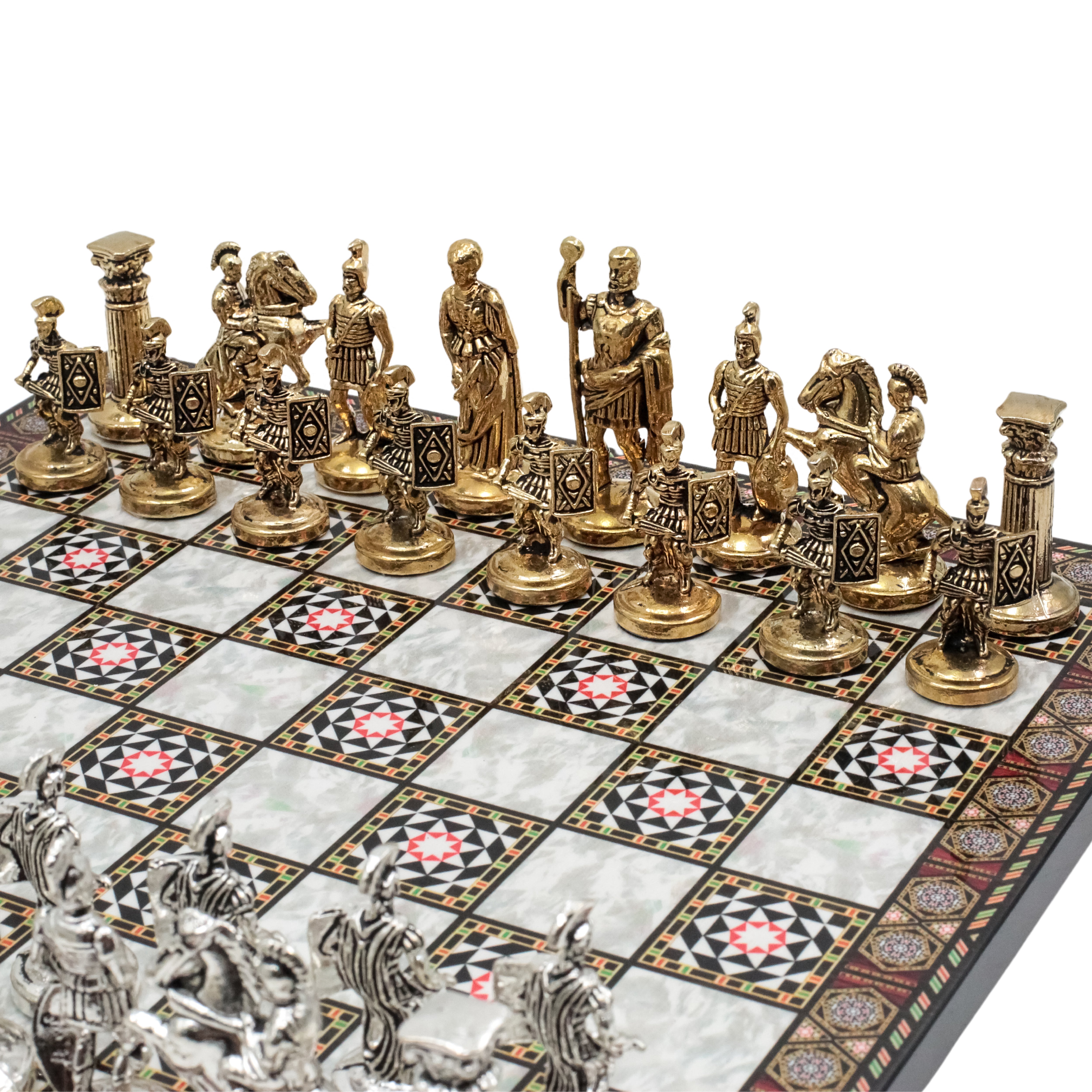 Roman Empire Caesar Metal Chess Set Model 2| Wooden Chess Board 30CM (12") with Die Cast Metal Stands