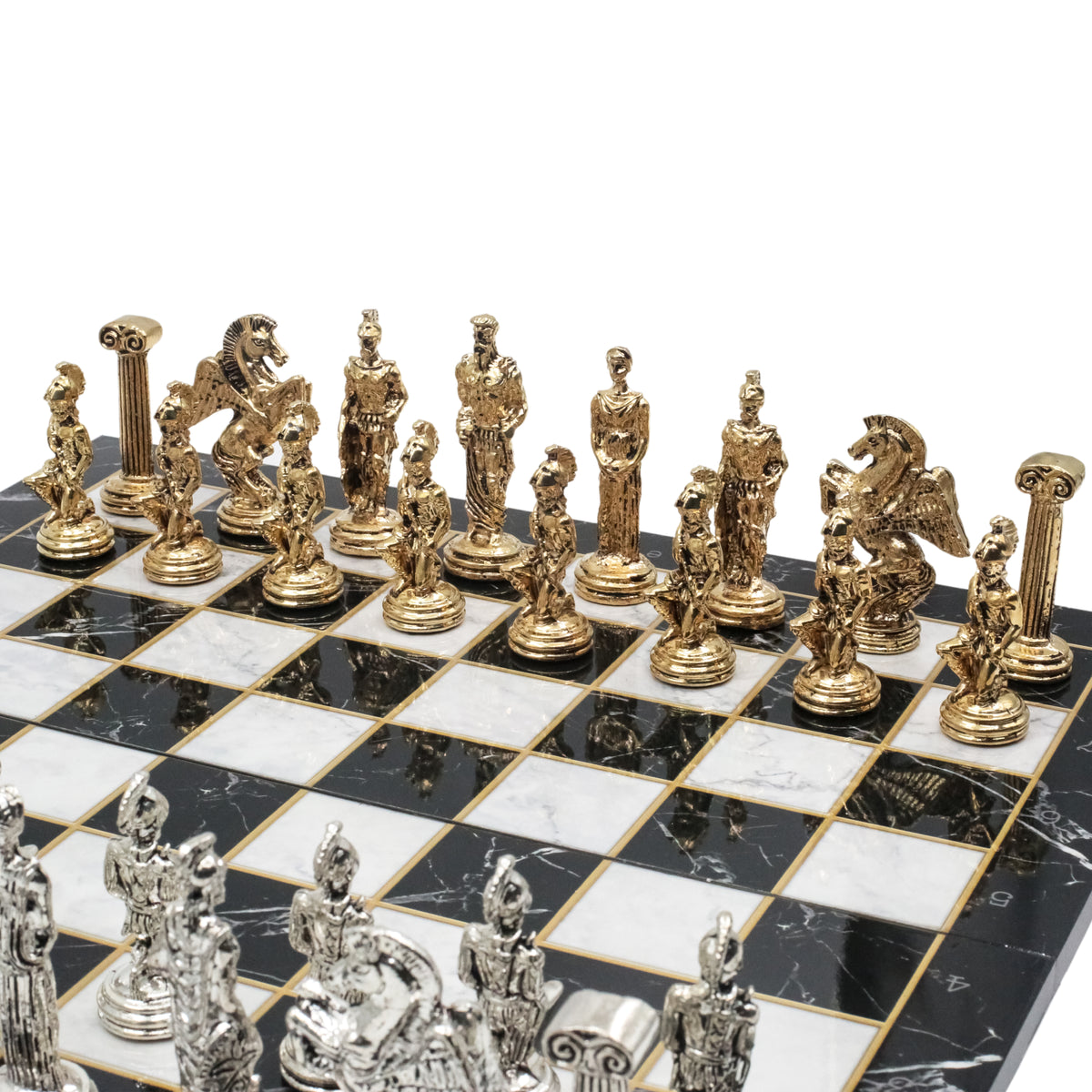 Greek Mythology Pegasus Metal Chess Set | Wooden Chess Board 44CM (17") with Die Cast Metal Stands