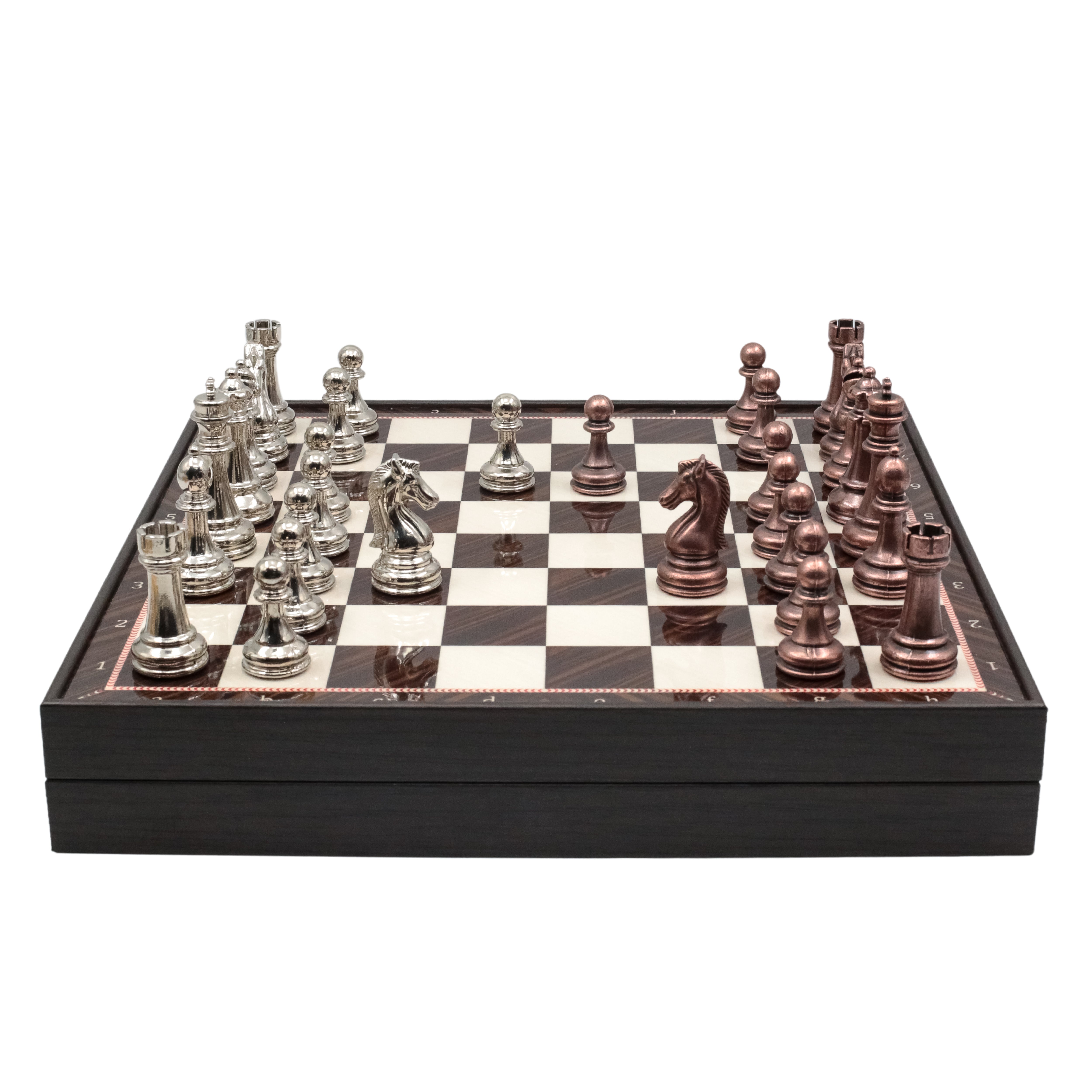 Storage Chess Set with Metal Weighted Staunton Figures (Bronze vs Silver) | 37 CM (15") Storage Chess Board | Classic Metal Figures