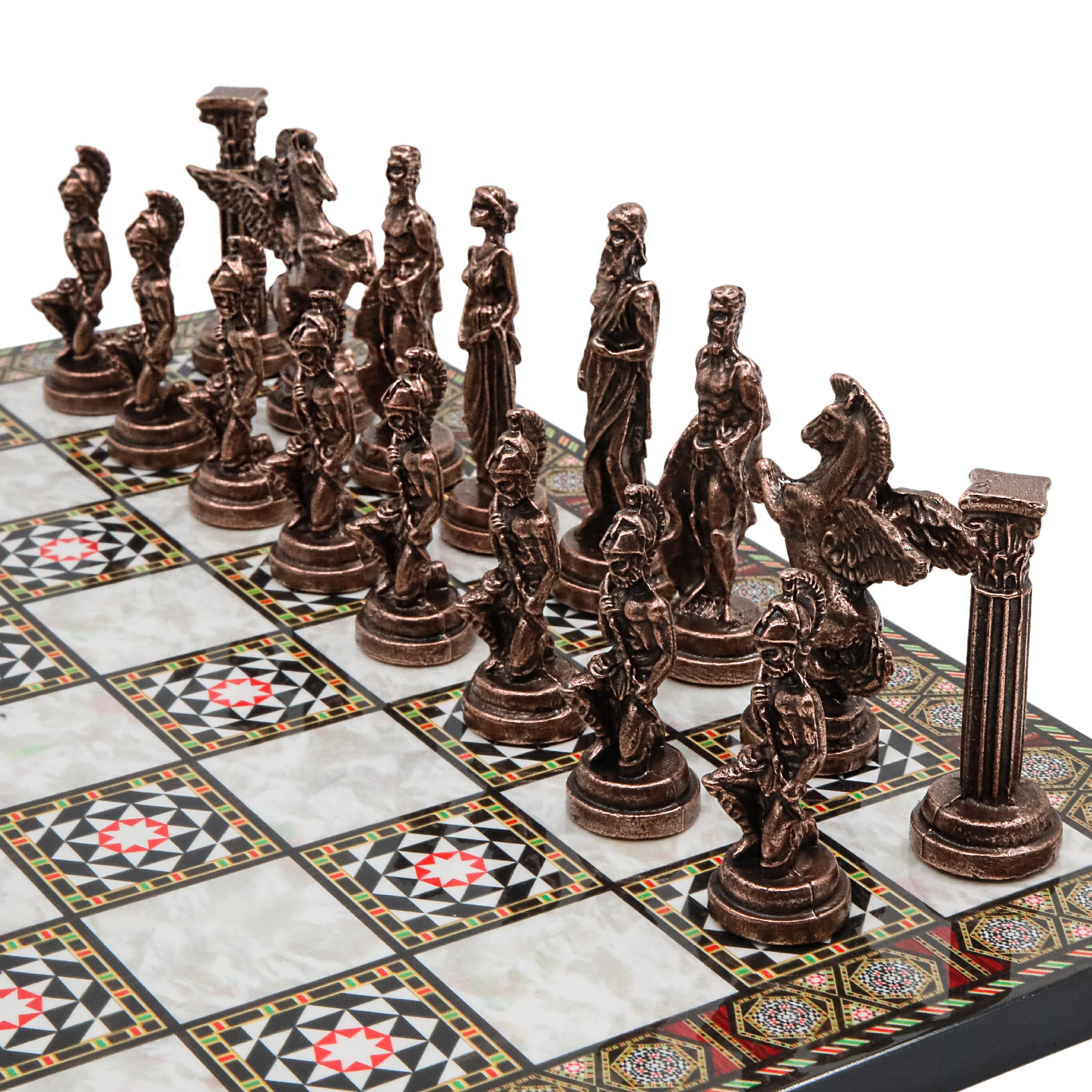 Greek Mythology Pegasus Metal Chess Set | Wooden Chess Board 37CM (15") with Die Cast Metal Stands (Vintage Silver vs Bronze)