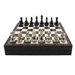 Storage Chess Set with Metal Weighted Staunton Figures (Black vs Silver) | 37 CM (15") Storage Chess Board | Classic Metal Figures