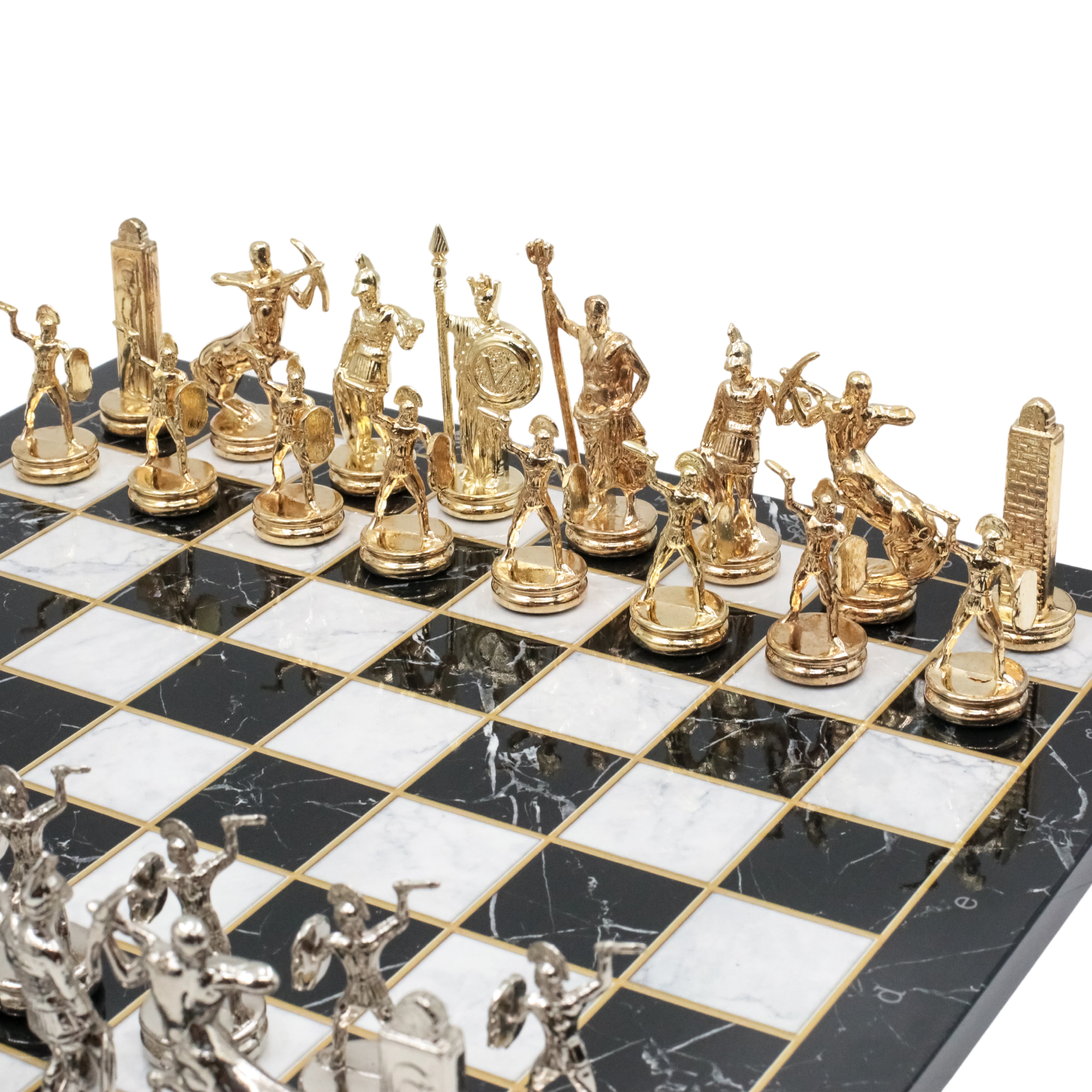 Greek Mythology Poseidon Metal Chess Set Model 1| Wooden Chess Board 37CM (15") with Die Cast Metal Stands