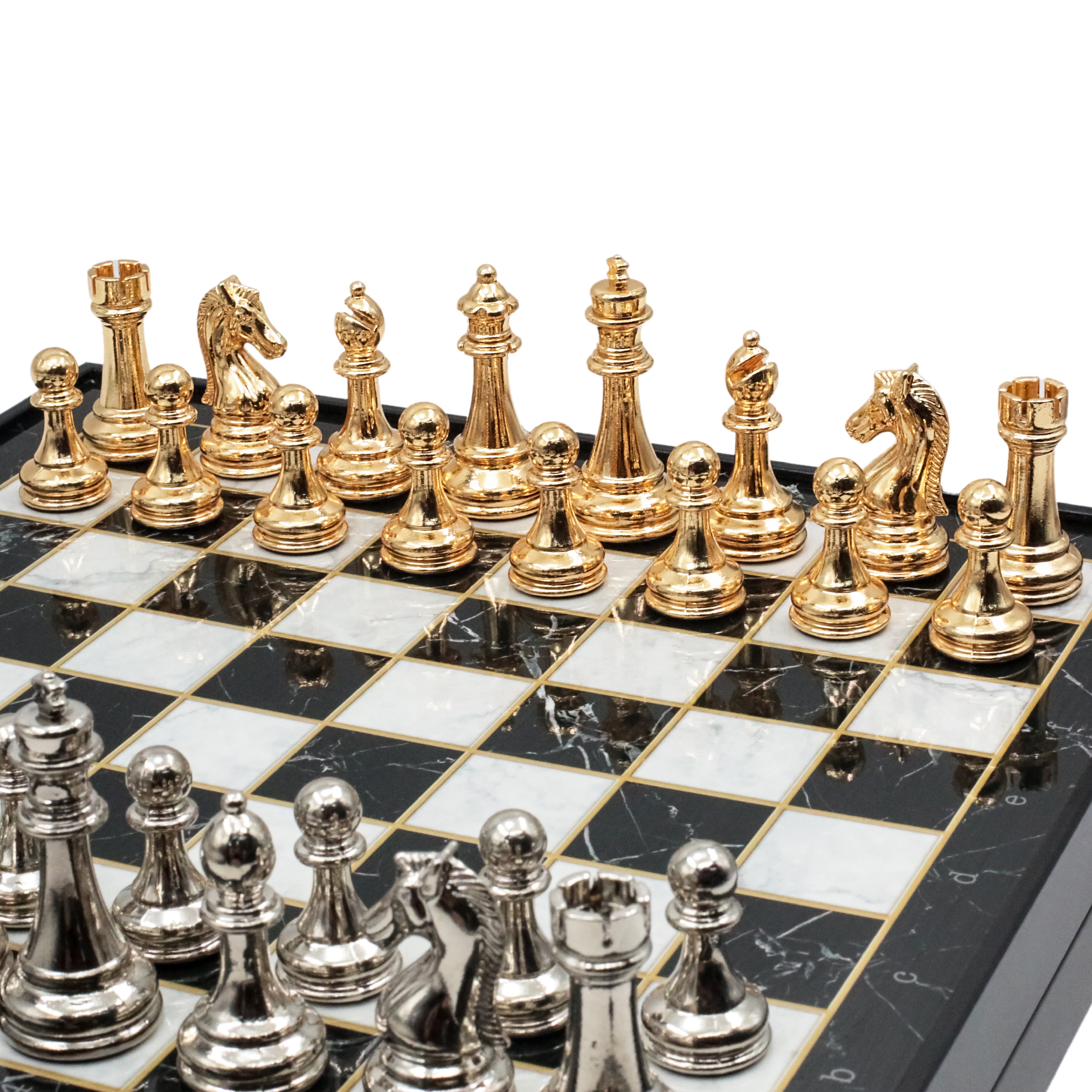 Storage Chess Set with Metal Weighted Staunton Figures (Gold vs Silver) | 37 CM (15") Storage Chess Board | Classic Metal Figures