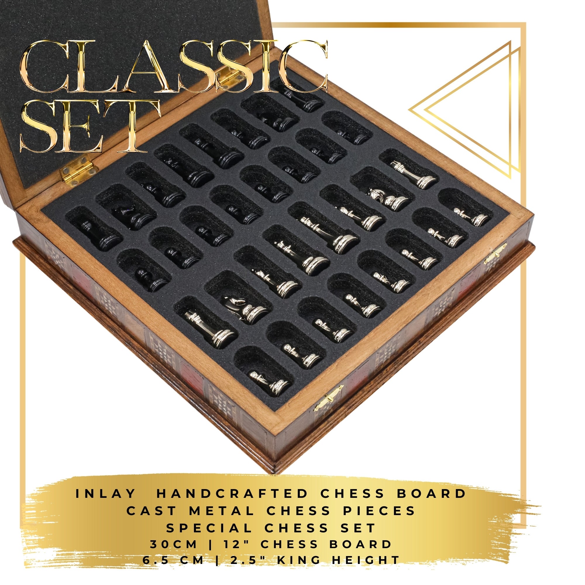 Black Colour Metal Chess Set With Solid Wood Storage Board - Die Cast Metal Chessmen | Staunton Chess Pieces, Personalised Chess Gift