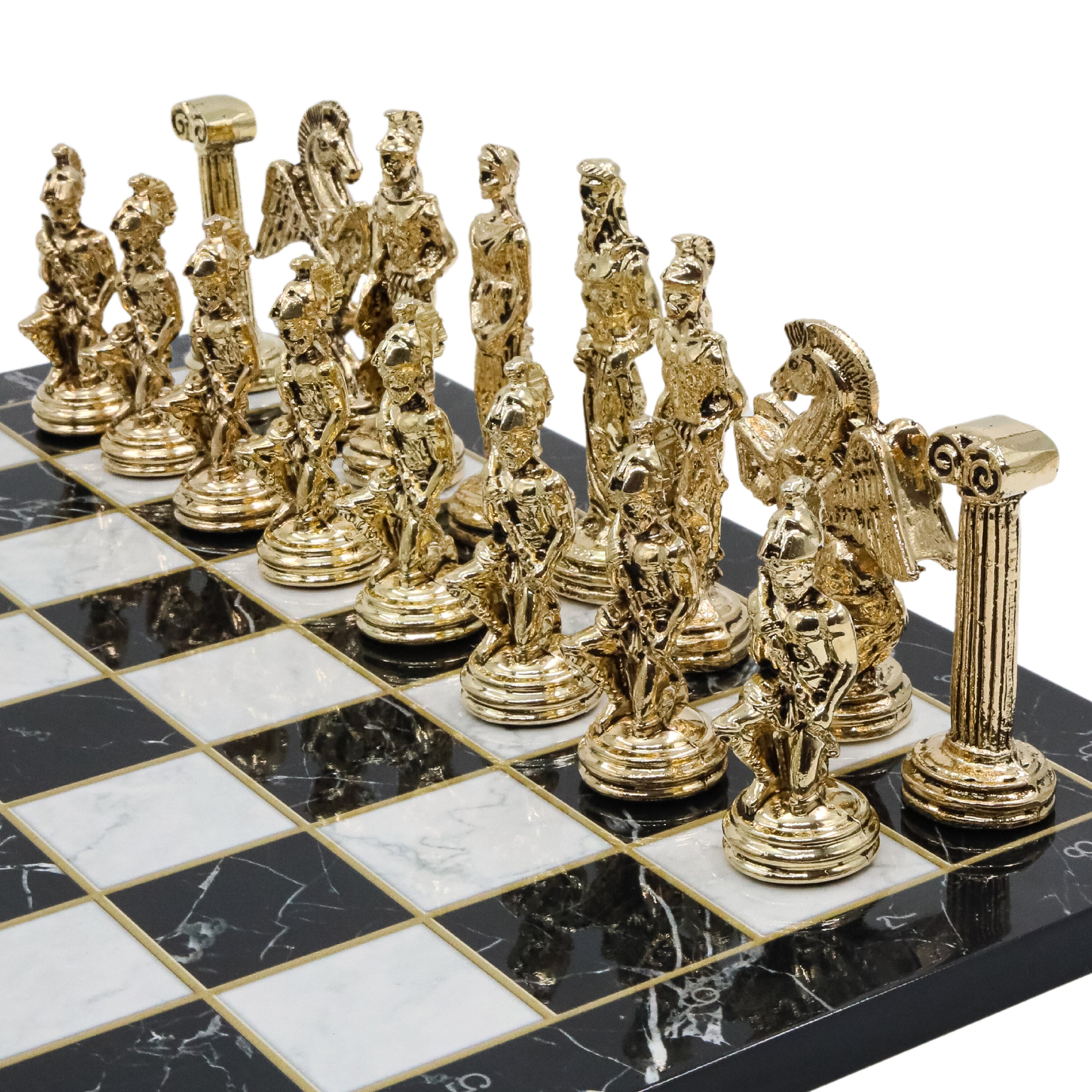 Greek Mythology Pegasus Metal Chess Set | Wooden Chess Board 30CM (12") with Die Cast Metal Stands