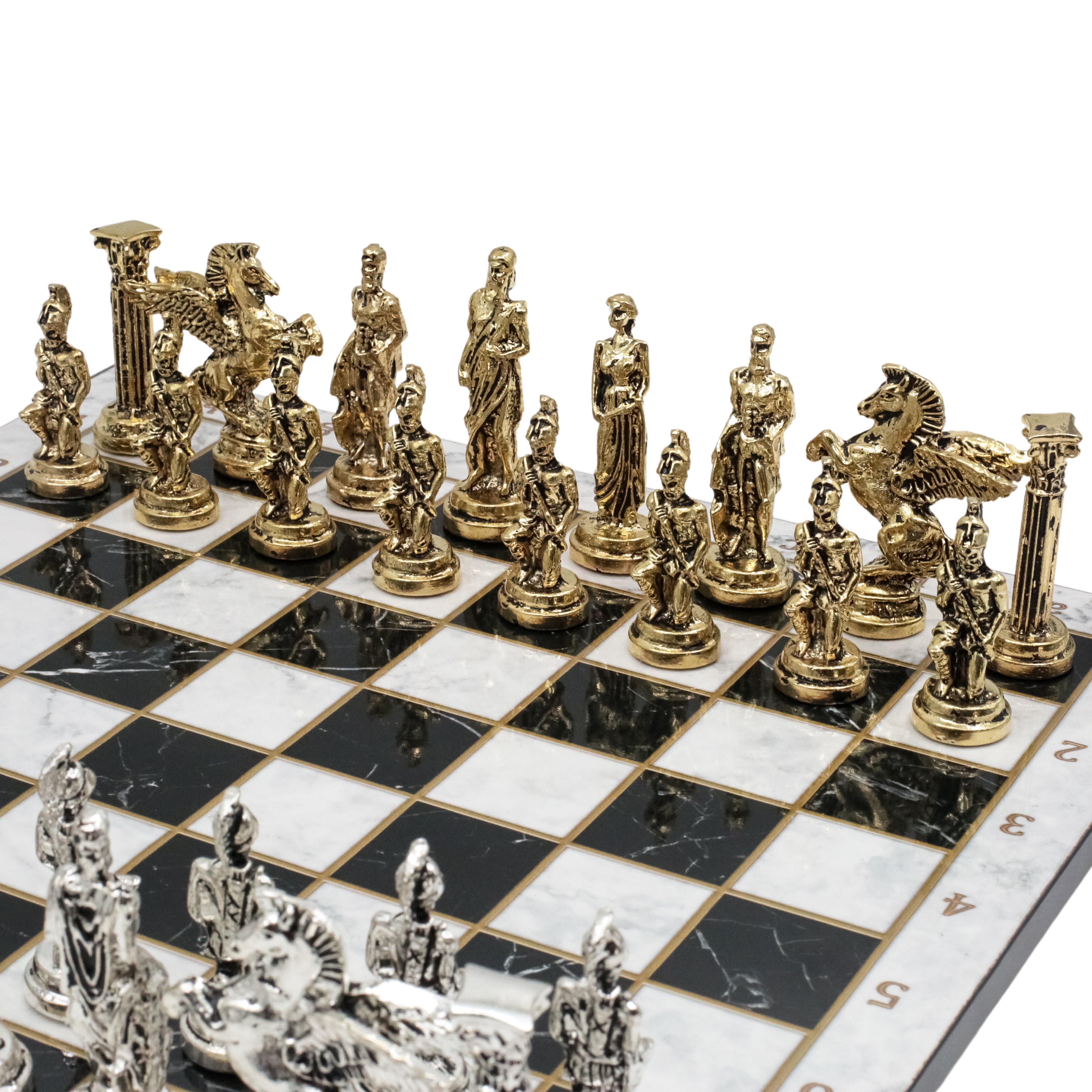 Greek Mythology Pegasus Metal Chess Set | Wooden Chess Board 37CM (15") with Die Cast Metal Stands (Silver vs Gold)