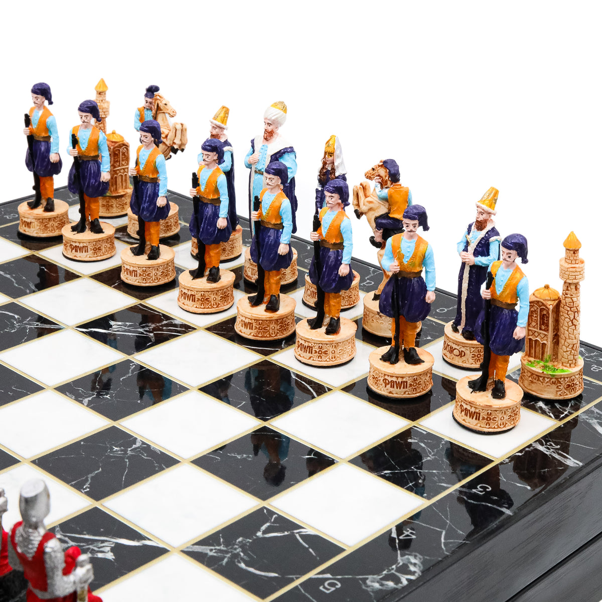 Storage Chess Set with Hand-painted Ottoman Empire vs Crusaders Figures (Black Colour) | 37 CM (15") Storage Chess Board | Ottoman & Crusaders Themed Figures