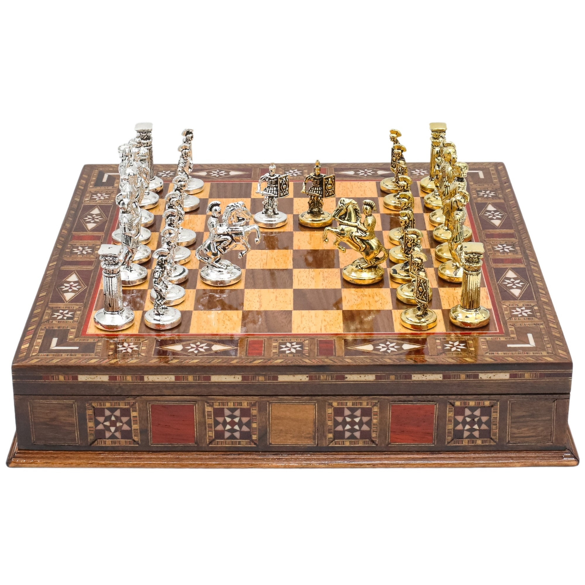 Handmade Inlay Storage Chess Set 30 CM (12") - Roman Empire Die Cast Metal Pieces