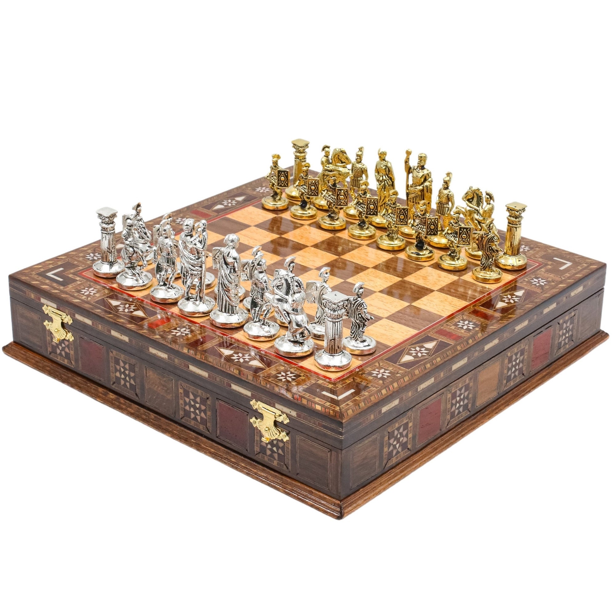 Handmade Inlay Storage Chess Set 30 CM (12") - Roman Empire Die Cast Metal Pieces