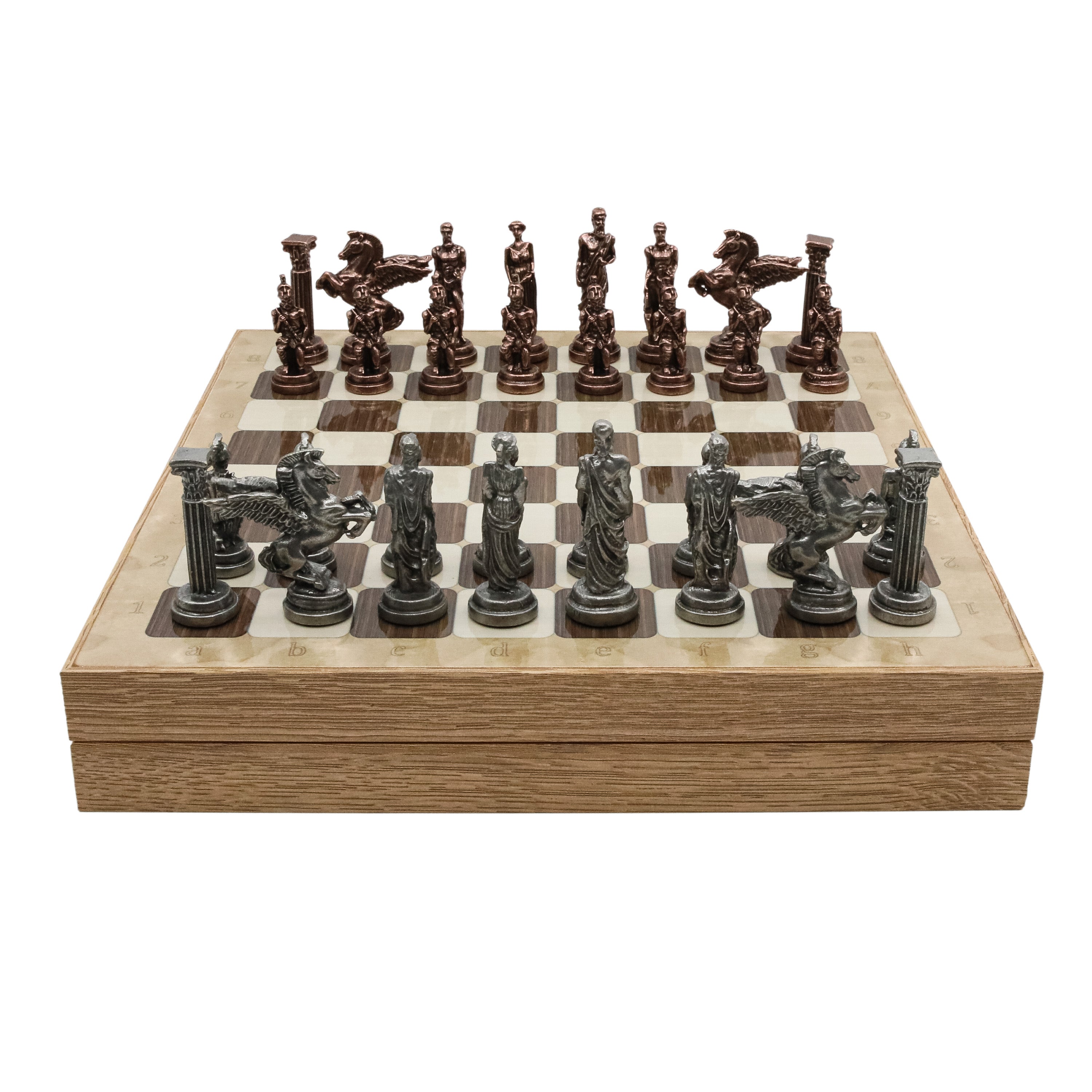 Storage Chess Set with Bronze Metal Mythology Pegasus Chessmen | 37 CM (15") Storage Chess Board | Vintage Greek Pegasus Themed Figures