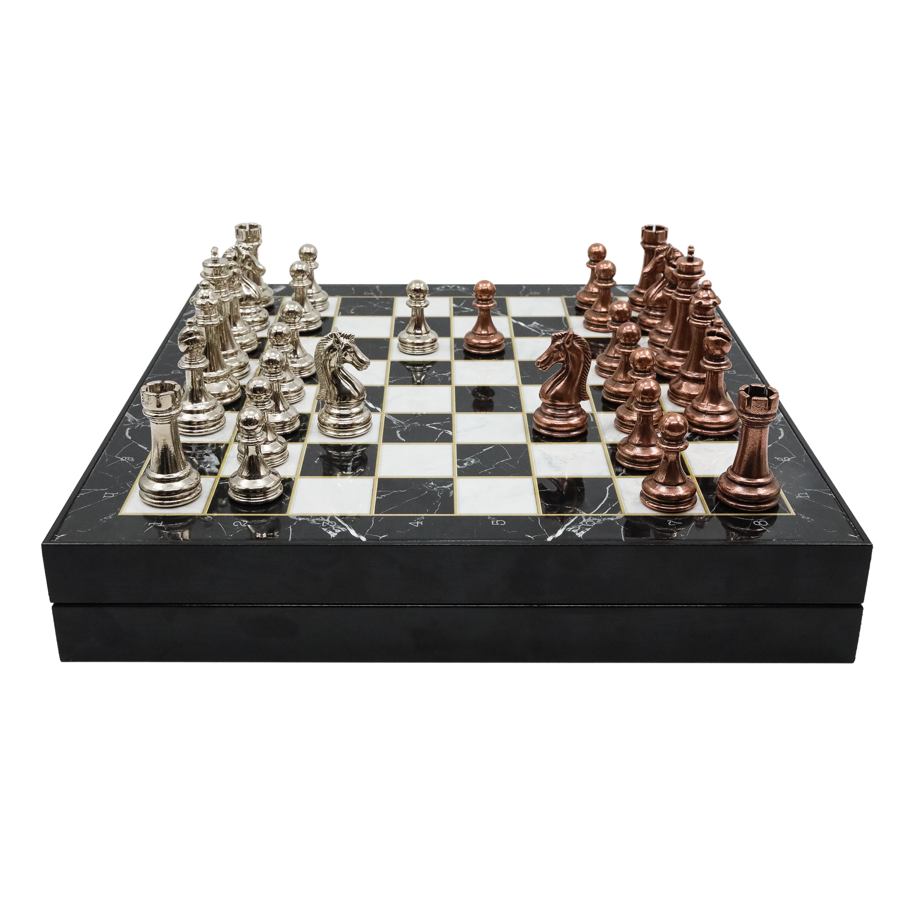 Storage Chess Set with Metal Weighted Staunton Figures (Bronze vs Silver) | 37 CM (15") Storage Chess Board | Classic Metal Figures