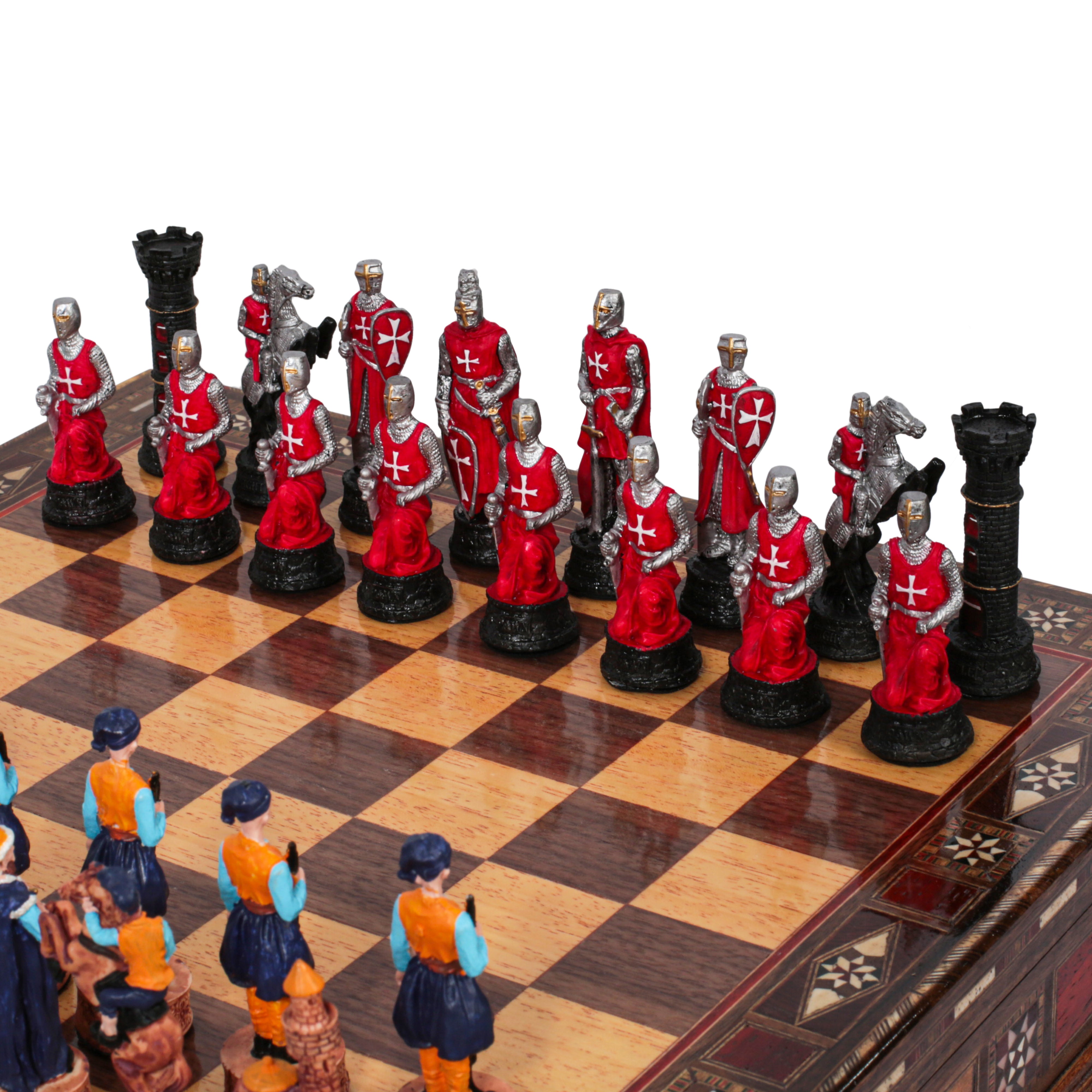 Handmade Inlay Storage Chess Set 38 CM (15") - Ottoman vs Black Crusaders Pieces