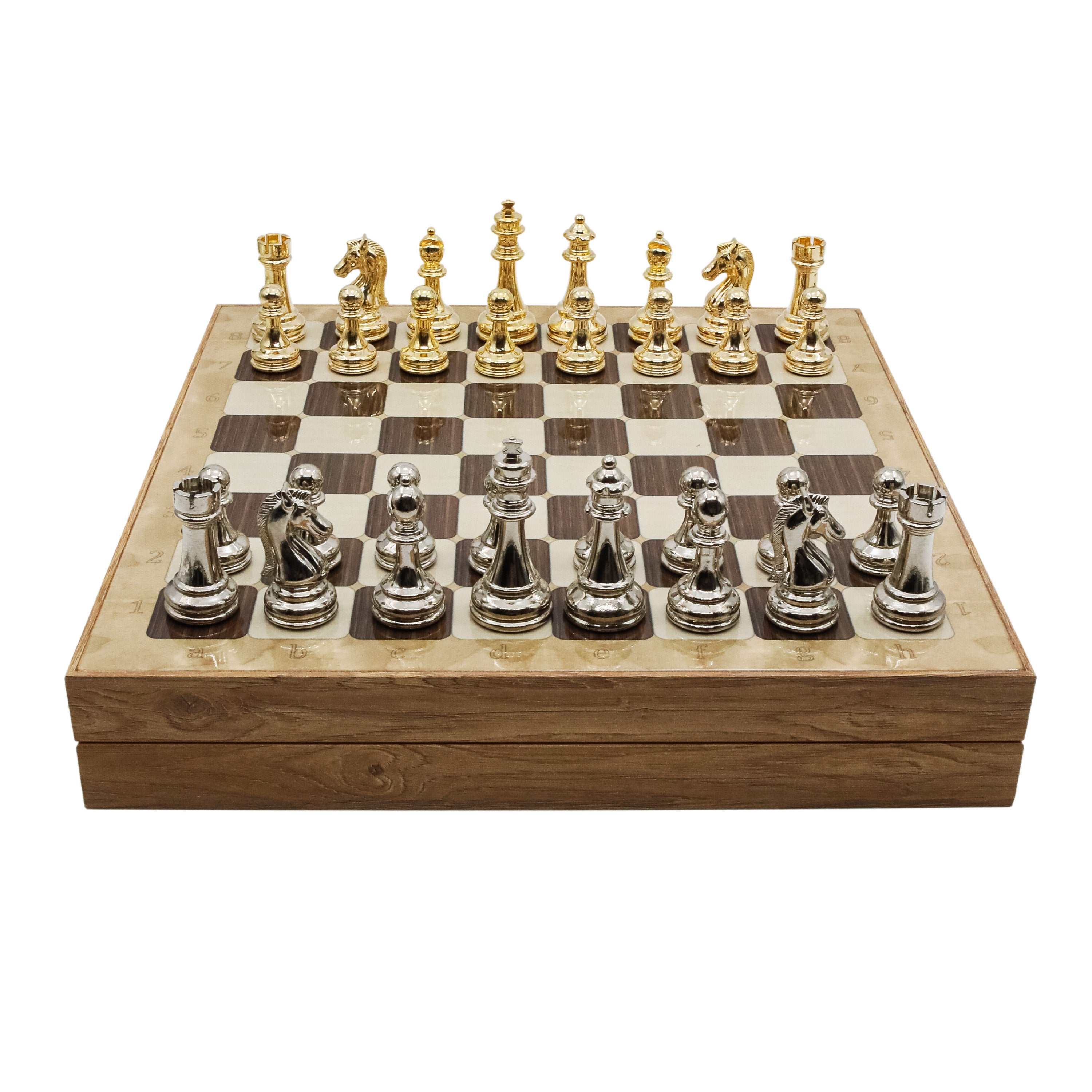 Storage Chess Set with Metal Weighted Staunton Figures (Gold vs Silver) | 37 CM (15") Storage Chess Board | Classic Metal Figures