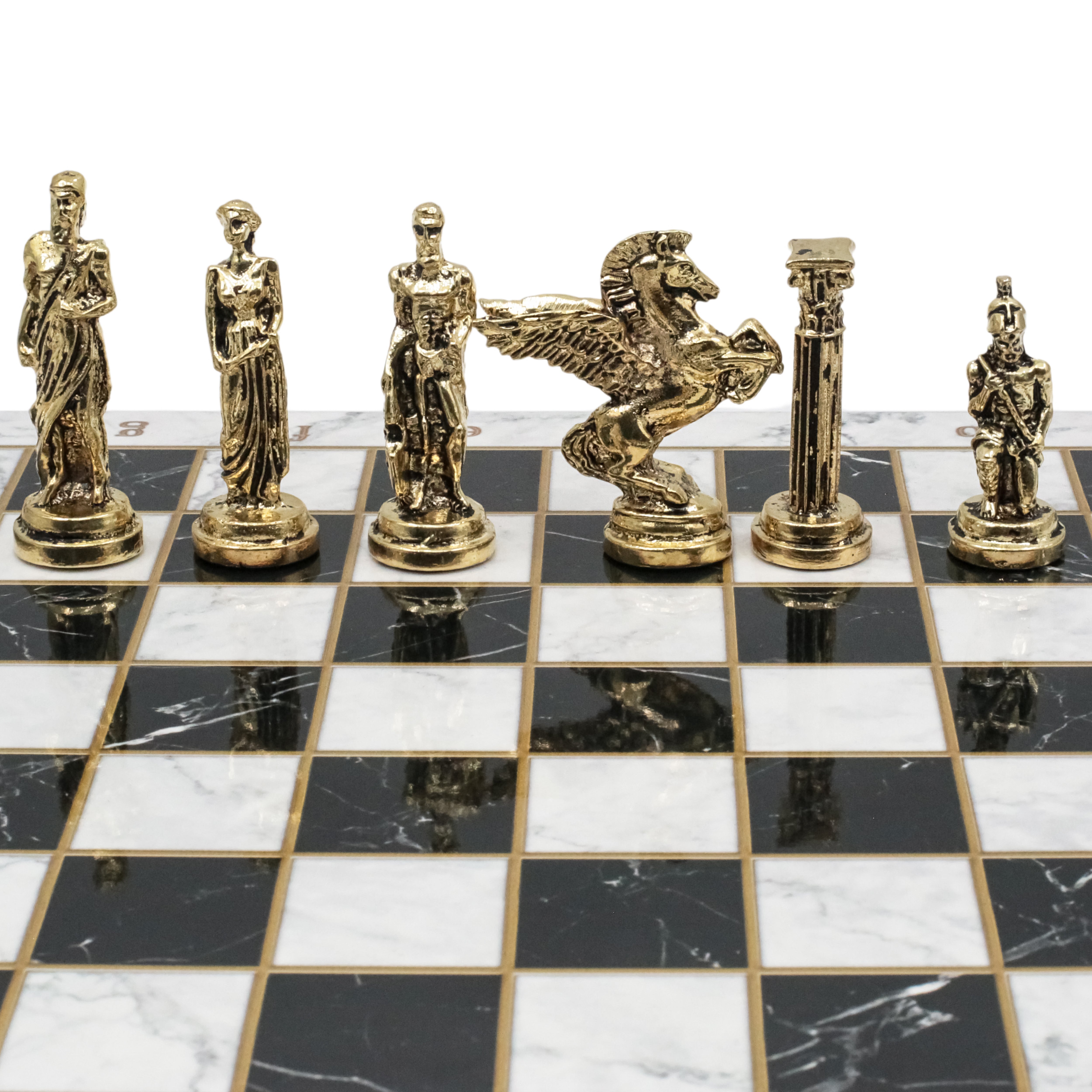 Greek Mythology Pegasus Metal Chess Set | Wooden Chess Board 37CM (15") with Die Cast Metal Stands (Silver vs Gold)