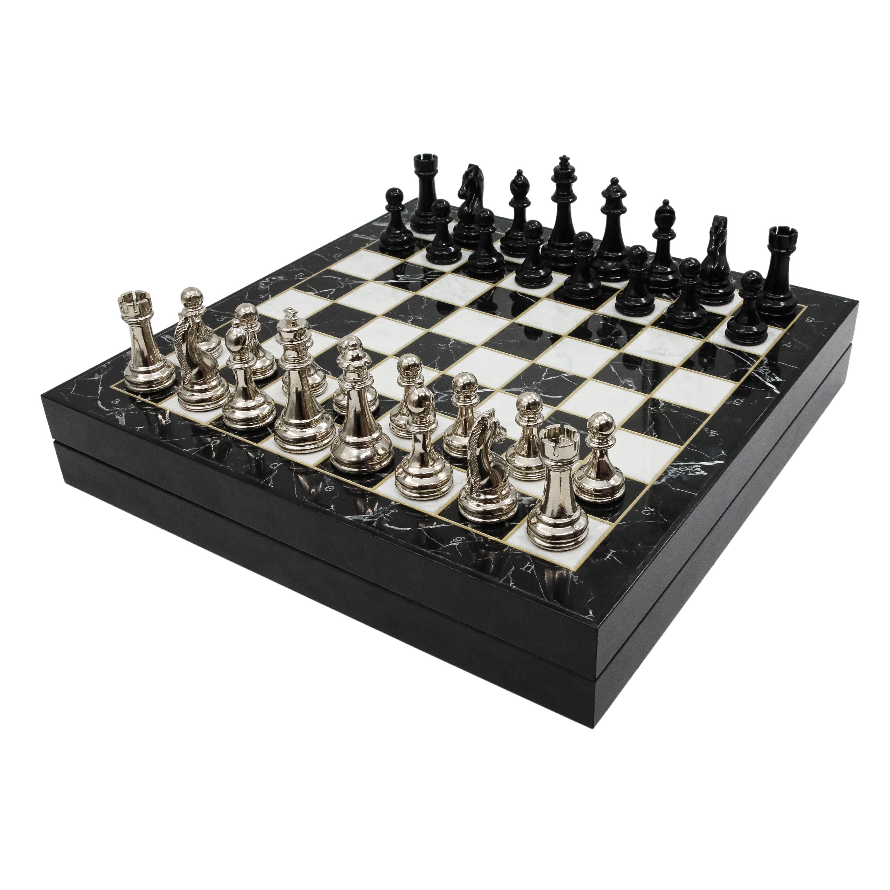 Storage Chess Set with Metal Weighted Staunton Figures (Black vs Silver) | 37 CM (15") Storage Chess Board | Classic Metal Figures