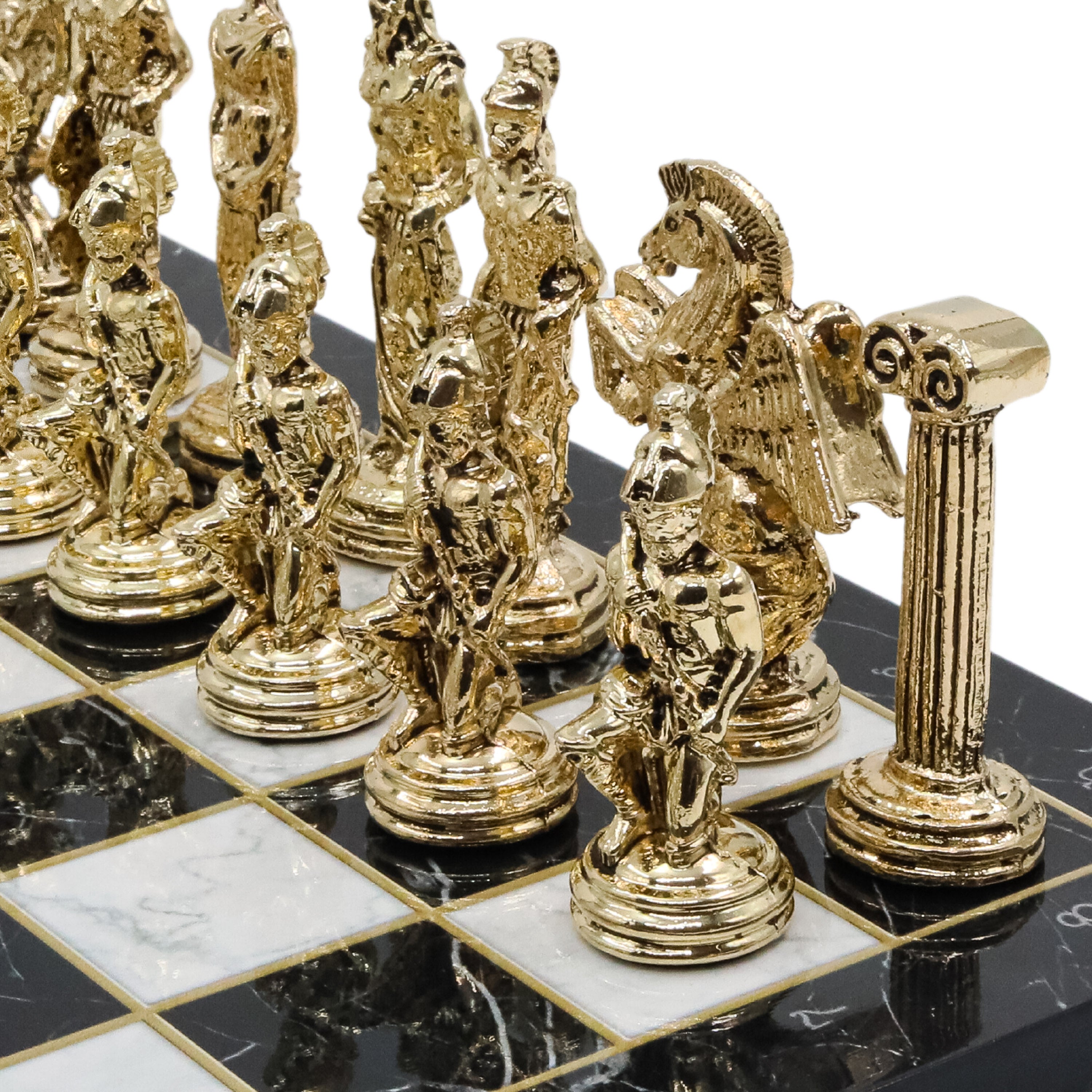 Greek Mythology Pegasus Metal Chess Set | Wooden Chess Board 30CM (12") with Die Cast Metal Stands