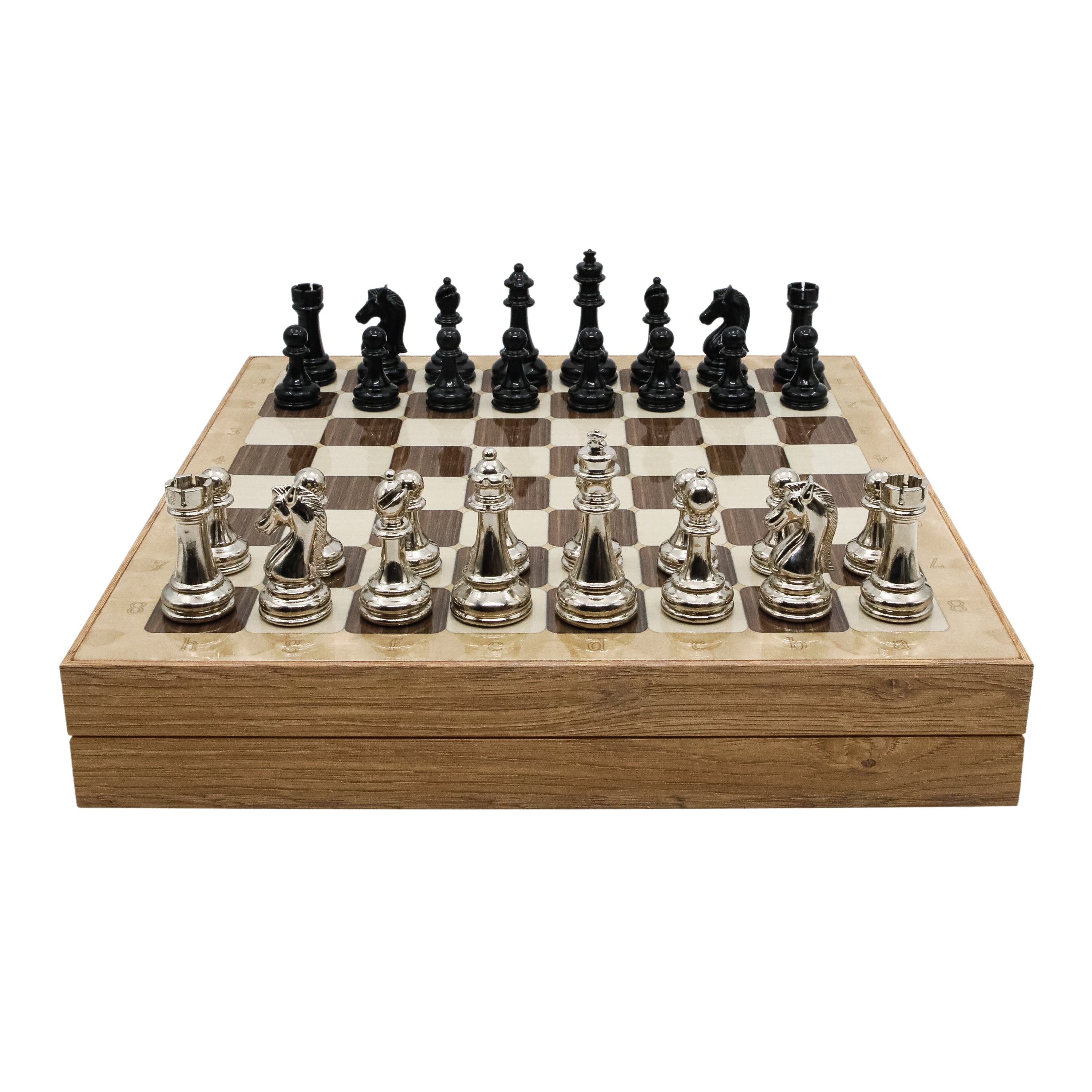 Storage Chess Set with Metal Weighted Staunton Figures (Black vs Silver) | 37 CM (15") Storage Chess Board | Classic Metal Figures