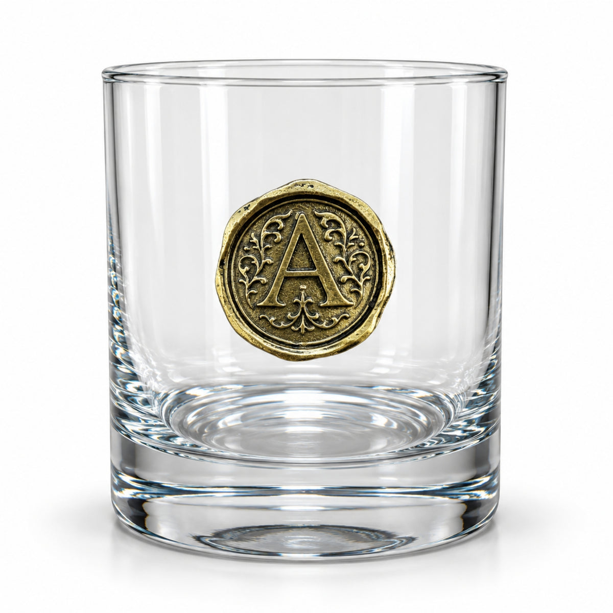 Personalised Monogram Whisky Glass with Antique Gold Finish Metal Initial