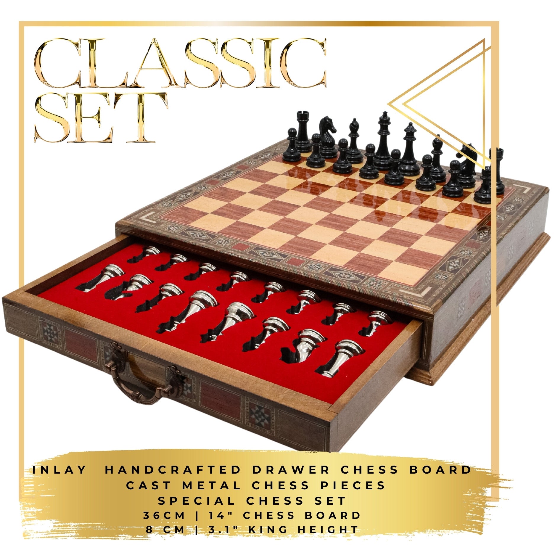 Black Colour Metal Chess Set With Solid Wood Storage Board w/ In-Built Drawer - Die Cast Metal Chessmen | Staunton Chess Pieces, Personalised Chess Gift