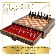 Black Colour Metal Chess Set With Solid Wood Storage Board w/ In-Built Drawer - Die Cast Metal Chessmen | Staunton Chess Pieces, Personalised Chess Gift