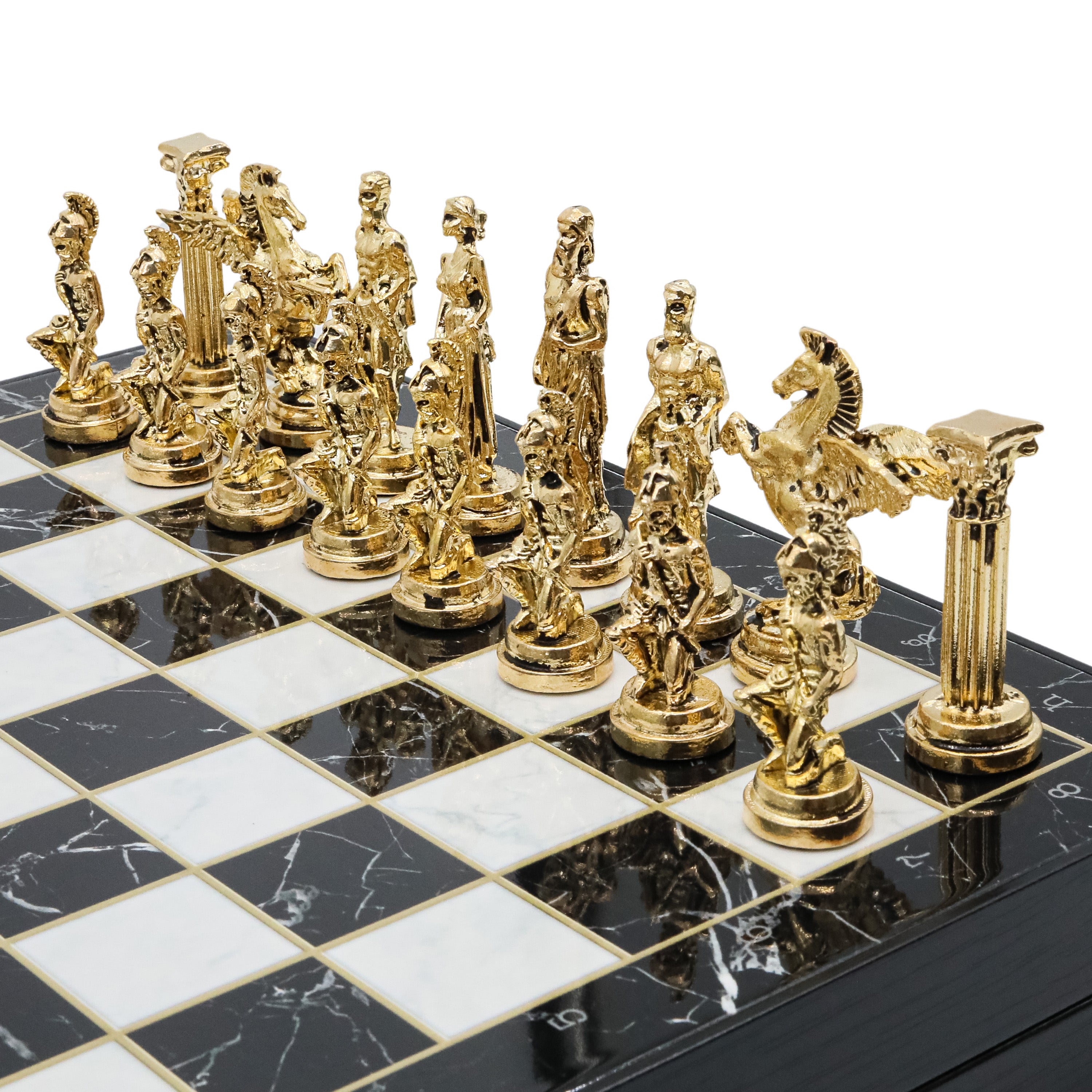 Storage Chess Set with Die Cast Metal Mythology Pegasus Chessmen | 37 CM (15") Storage Chess Board | Greek Pegasus Themed Figures