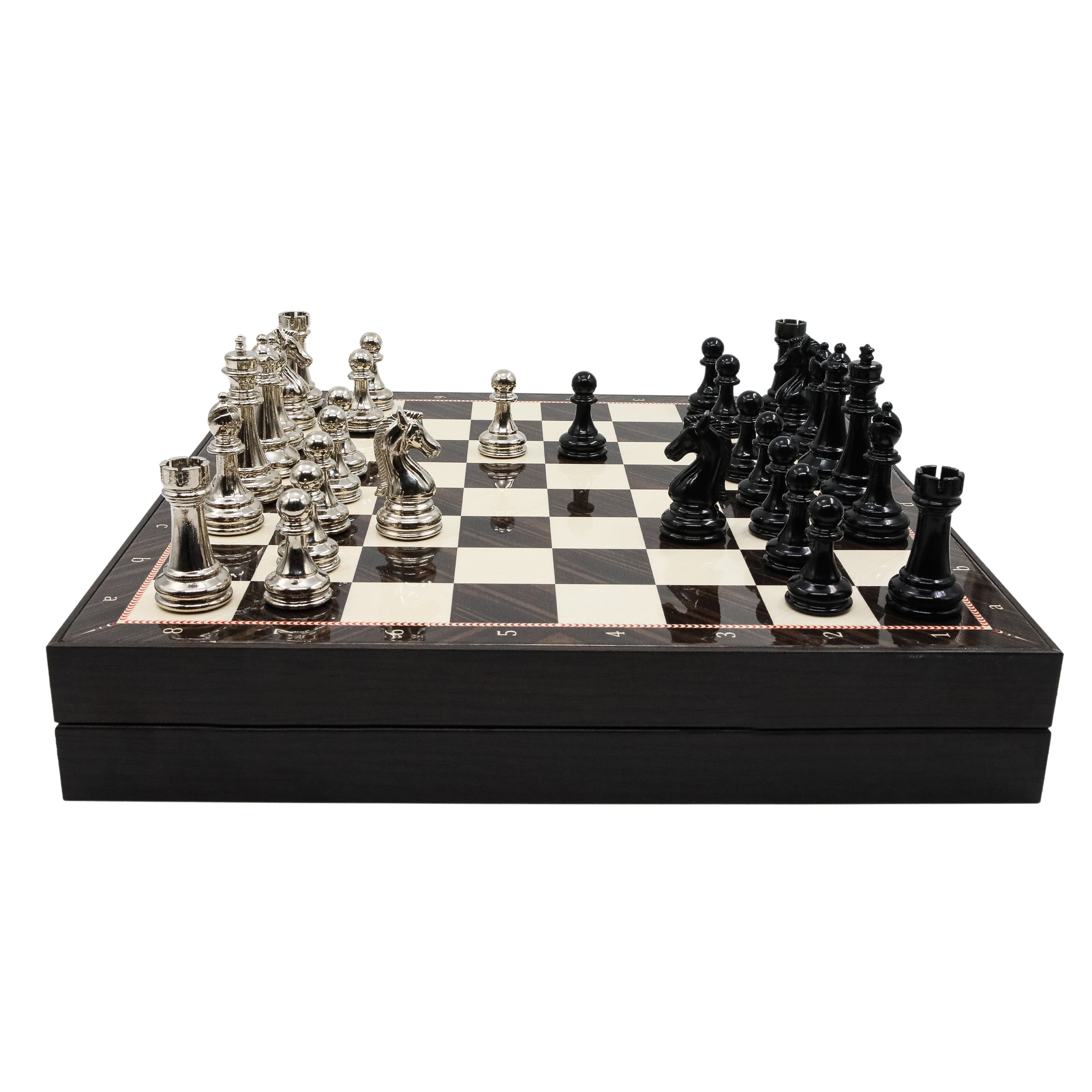 Storage Chess Set with Metal Weighted Staunton Figures (Black vs Silver) | 37 CM (15") Storage Chess Board | Classic Metal Figures