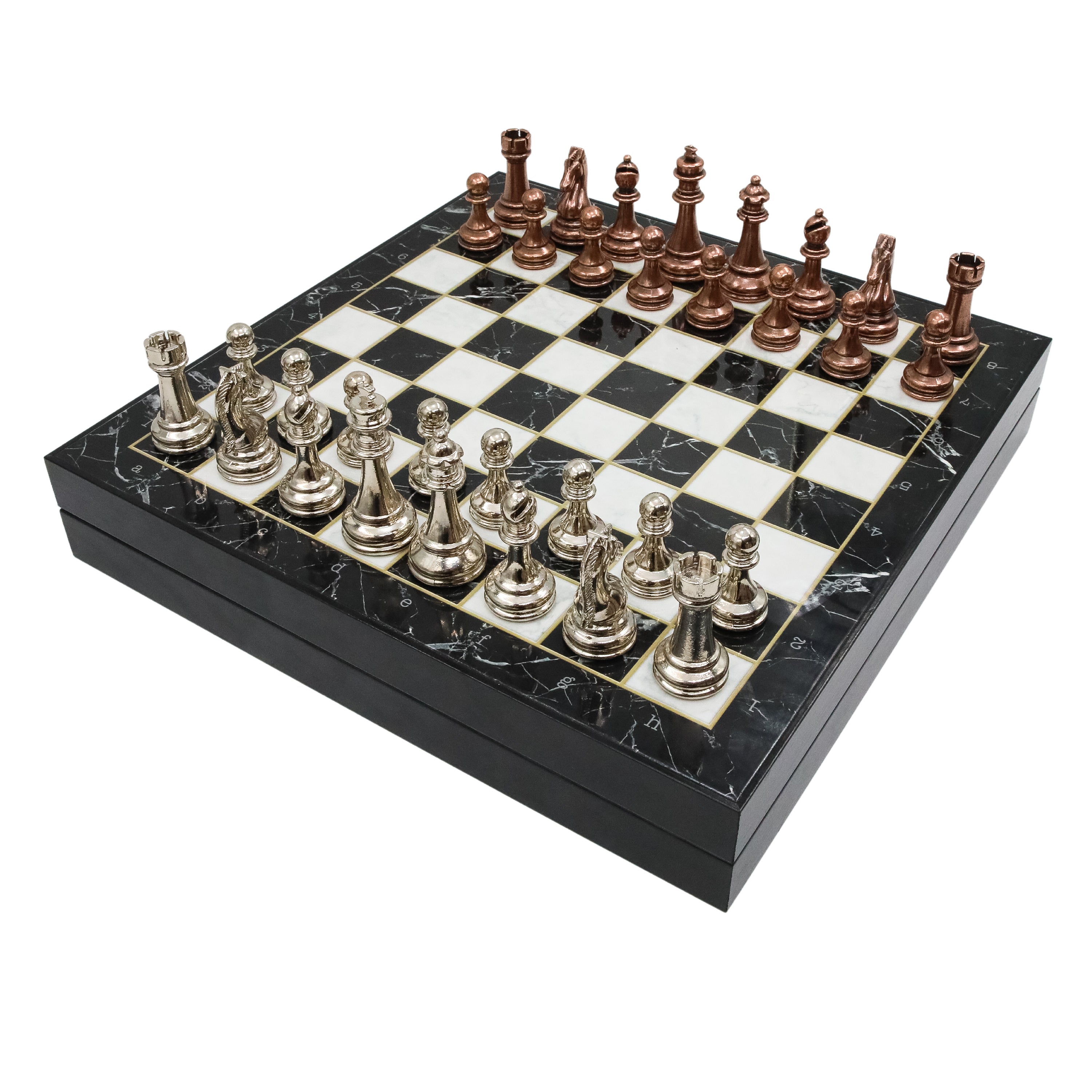 Storage Chess Set with Metal Weighted Staunton Figures (Bronze vs Silver) | 37 CM (15") Storage Chess Board | Classic Metal Figures