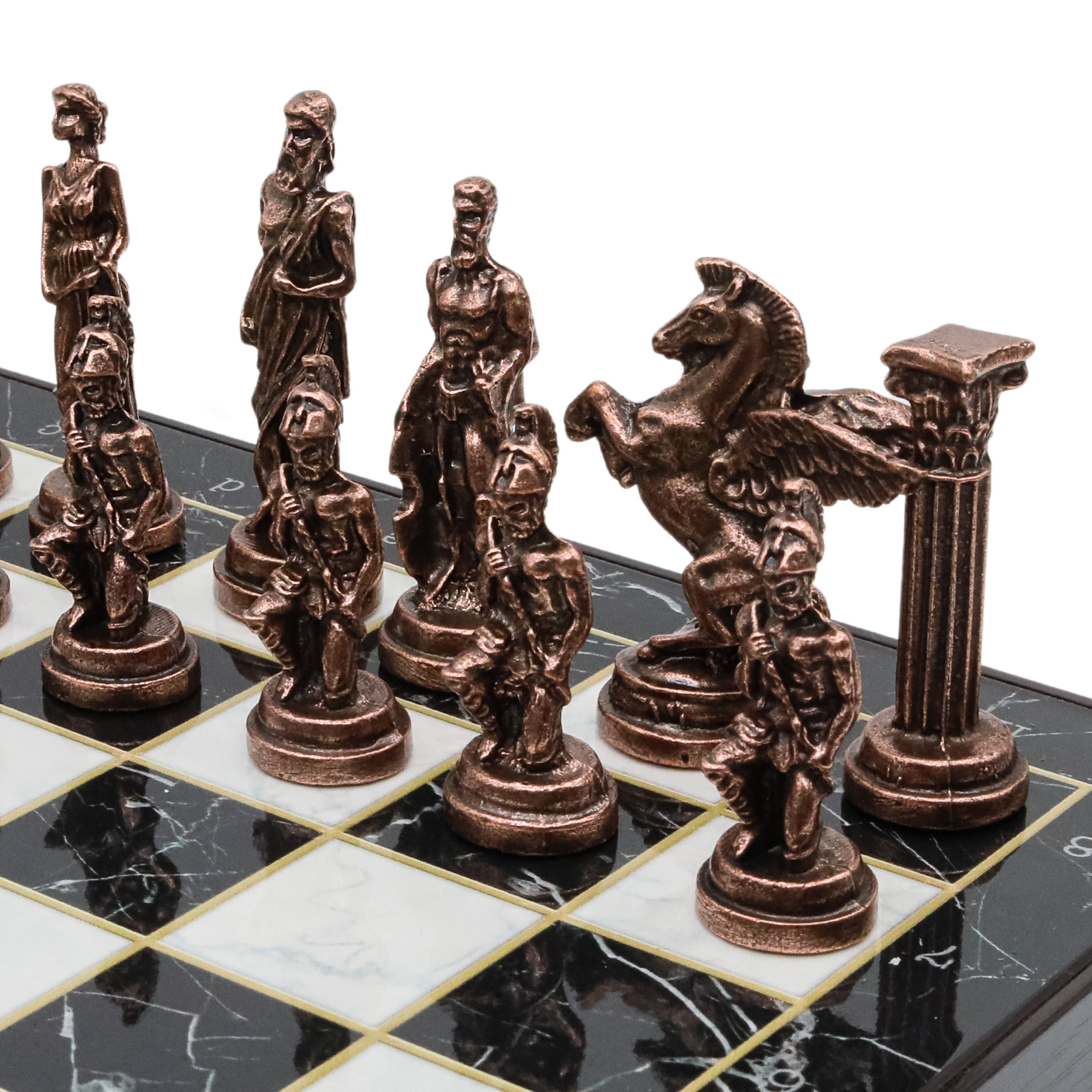 Storage Chess Set with Bronze Metal Mythology Pegasus Chessmen | 37 CM (15") Storage Chess Board | Vintage Greek Pegasus Themed Figures