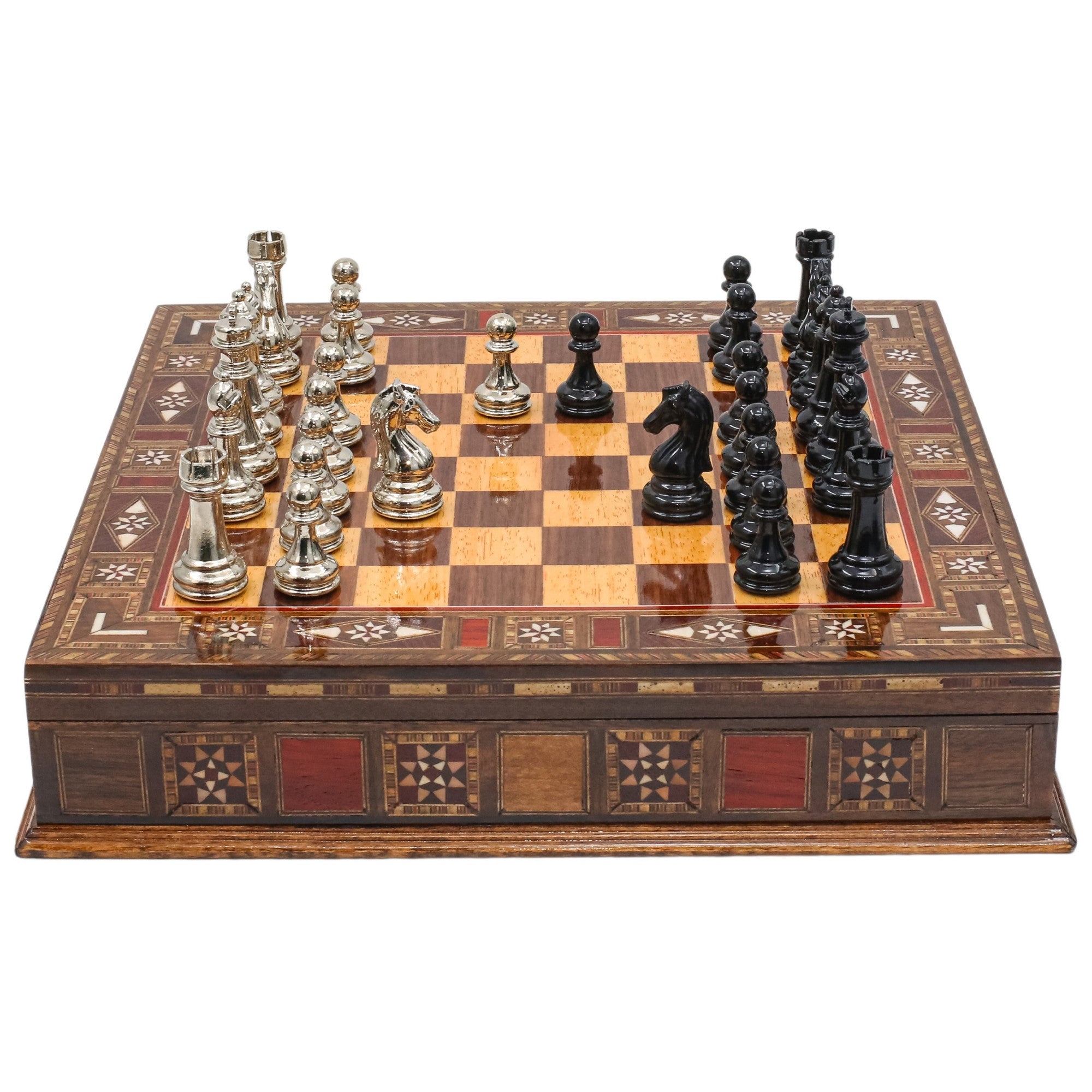 Black Colour Metal Chess Set With Solid Wood Storage Board - Die Cast Metal Chessmen | Staunton Chess Pieces, Personalised Chess Gift