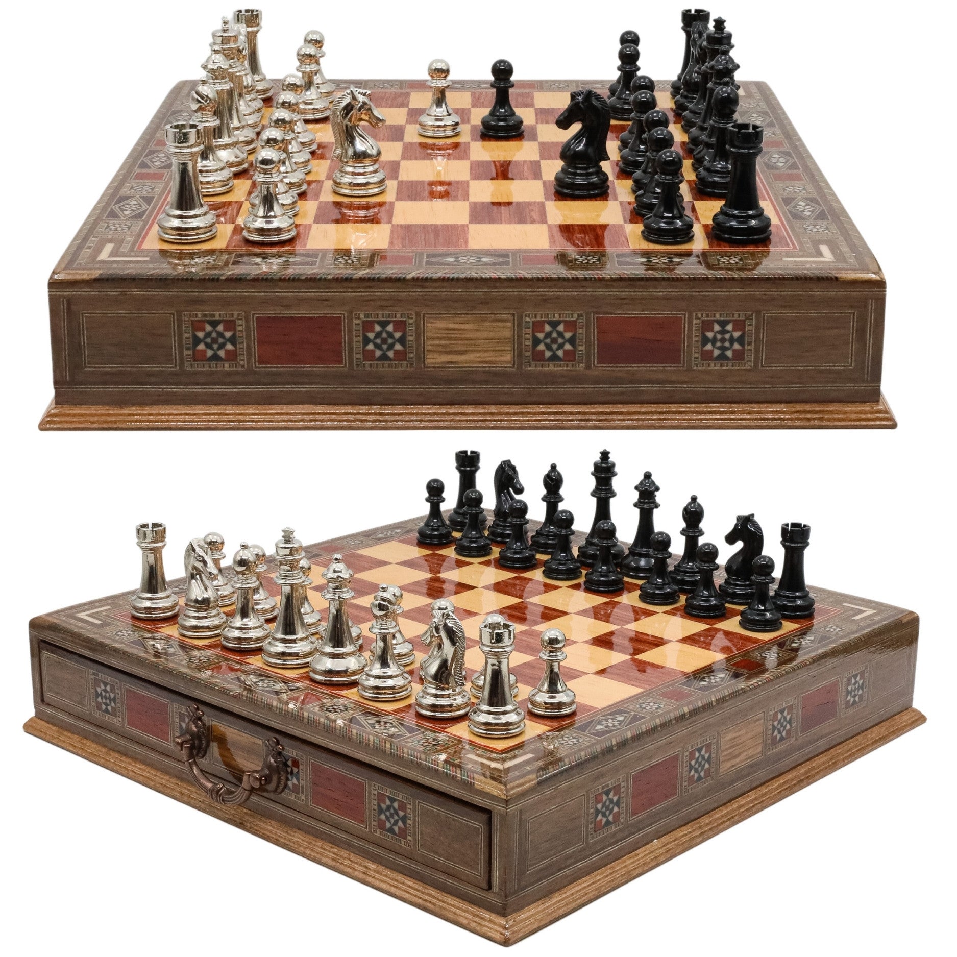 Black Colour Metal Chess Set With Solid Wood Storage Board w/ In-Built Drawer - Die Cast Metal Chessmen | Staunton Chess Pieces, Personalised Chess Gift