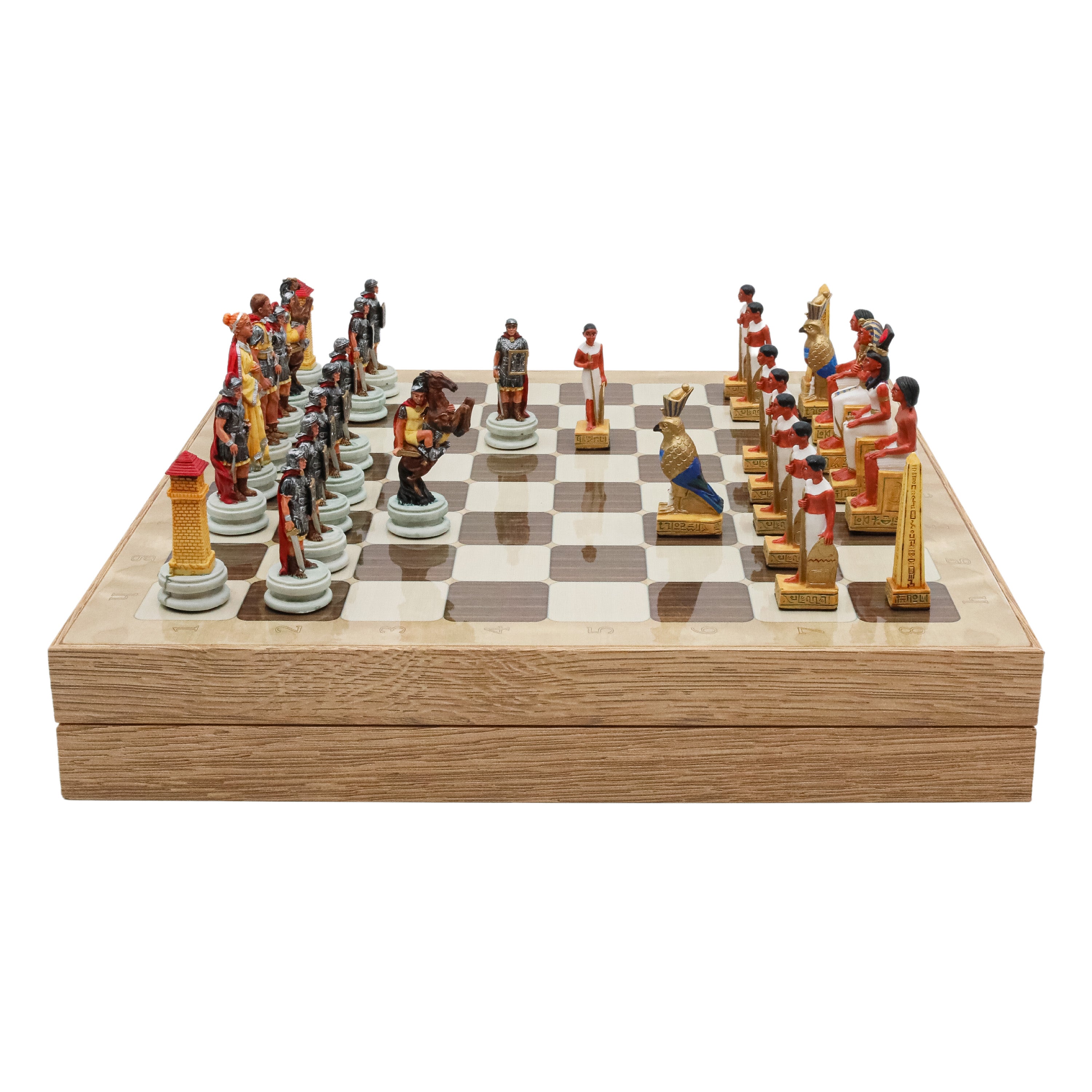 Storage Chess Set with Hand-painted Egyptian vs Roman Figures (White Colour) | 37 CM (15") Storage Chess Board | Nile War Egyptian vs Roman Themed Figures