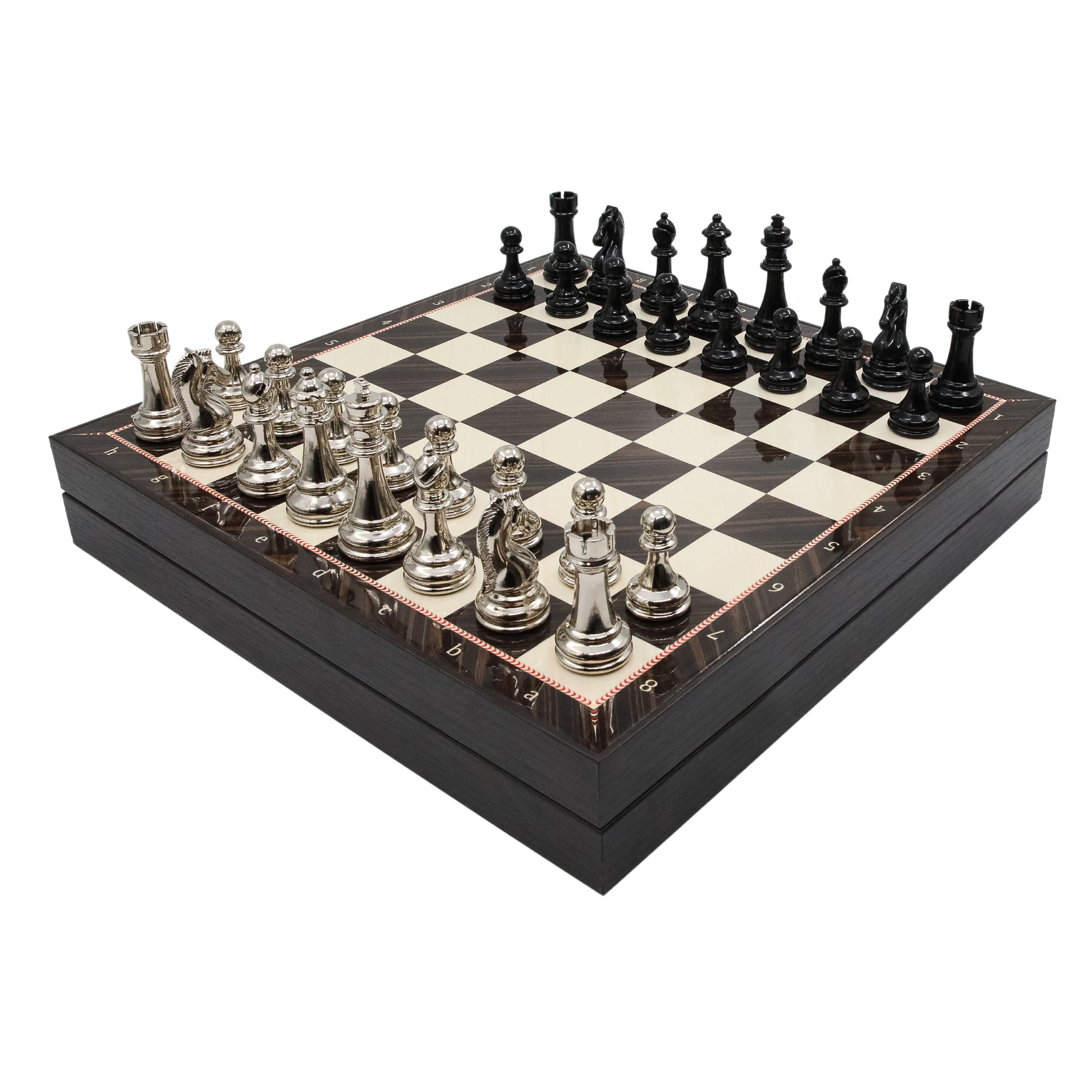 Storage Chess Set with Metal Weighted Staunton Figures (Black vs Silver) | 37 CM (15") Storage Chess Board | Classic Metal Figures