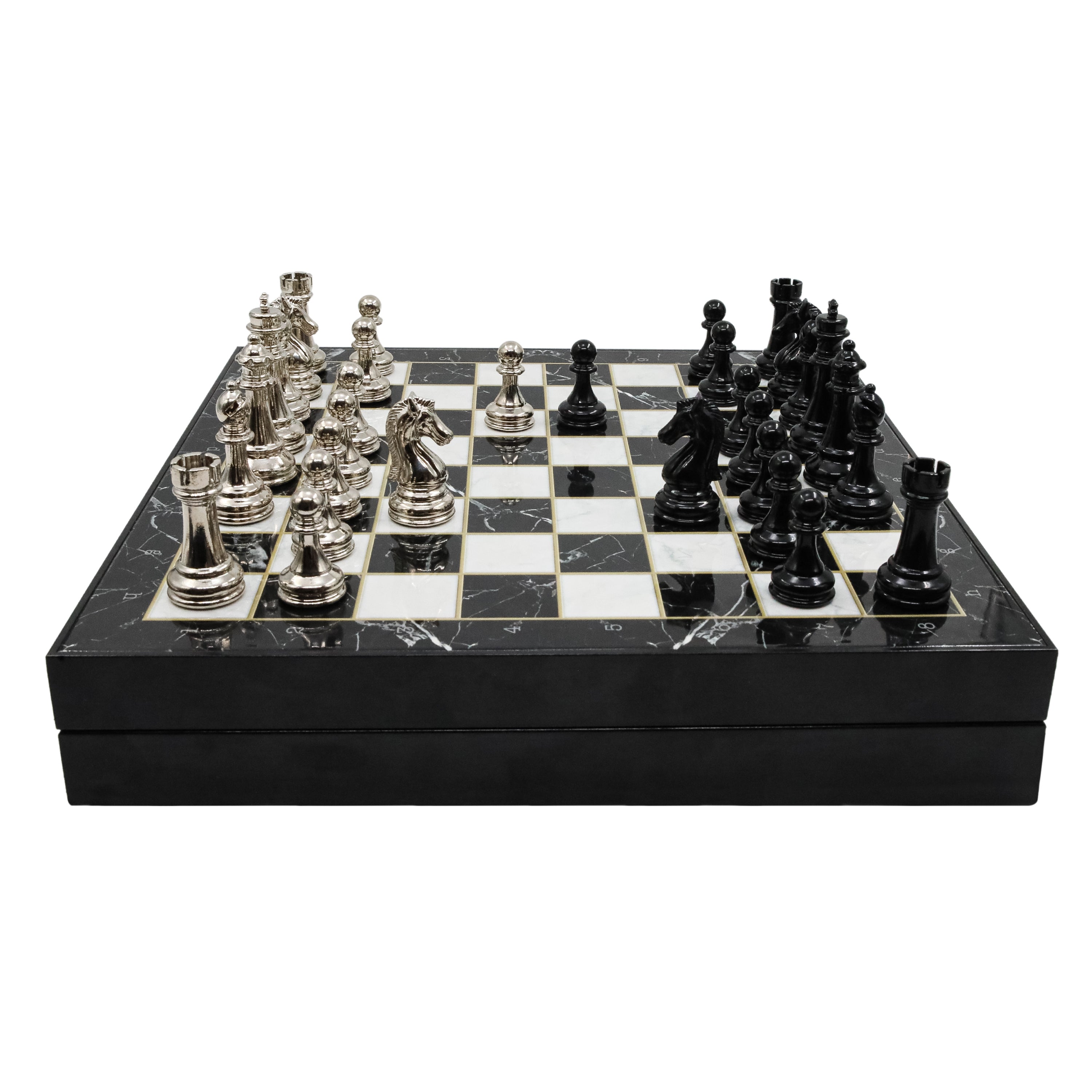 Storage Chess Set with Metal Weighted Staunton Figures (Black vs Silver) | 37 CM (15") Storage Chess Board | Classic Metal Figures