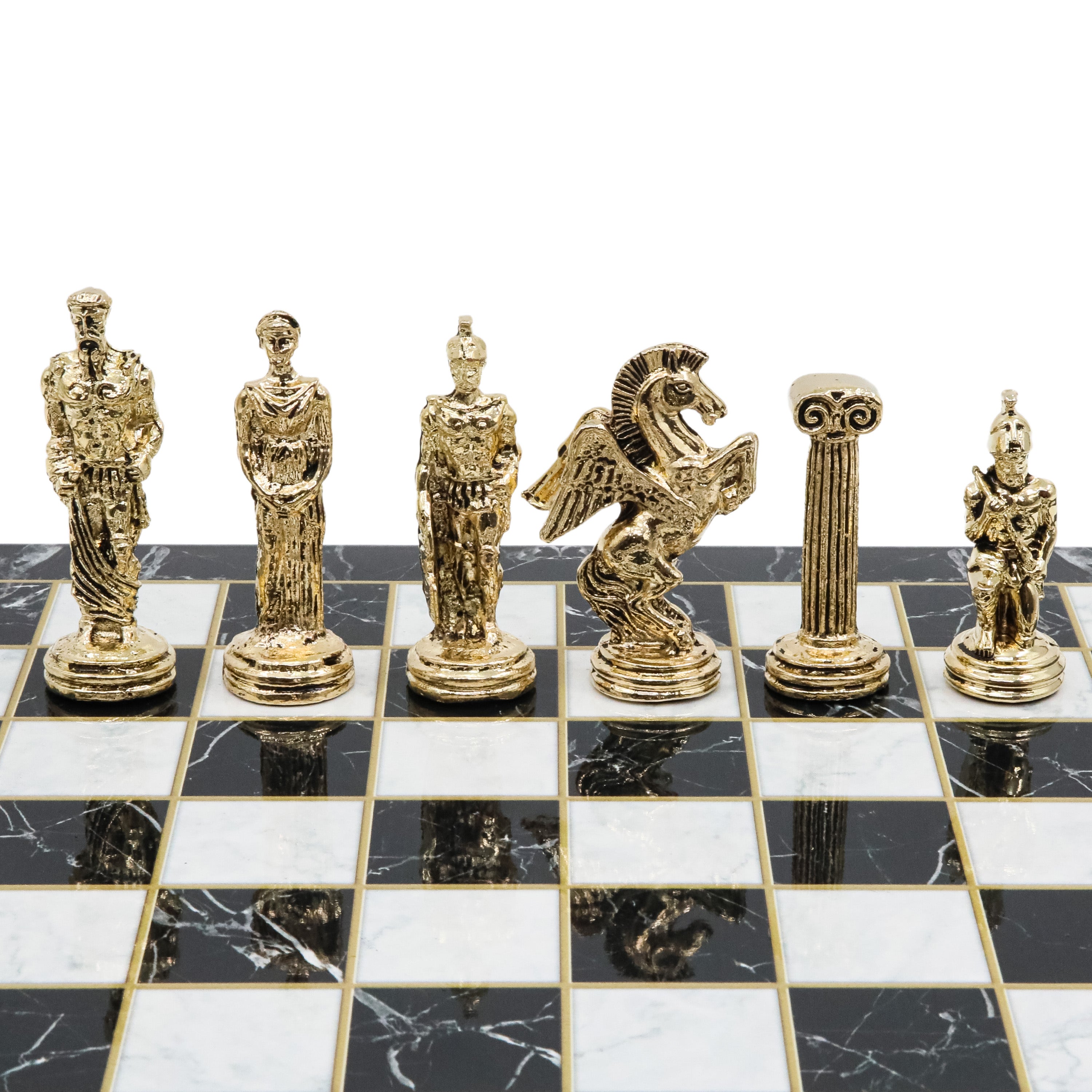 Greek Mythology Pegasus Metal Chess Set | Wooden Chess Board 30CM (12") with Die Cast Metal Stands