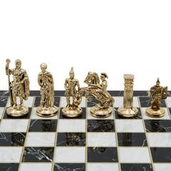 Metal Roman Archer Chess Set | Wooden Board Marble/Mosaic Pattern – 44 cm (17 inch)