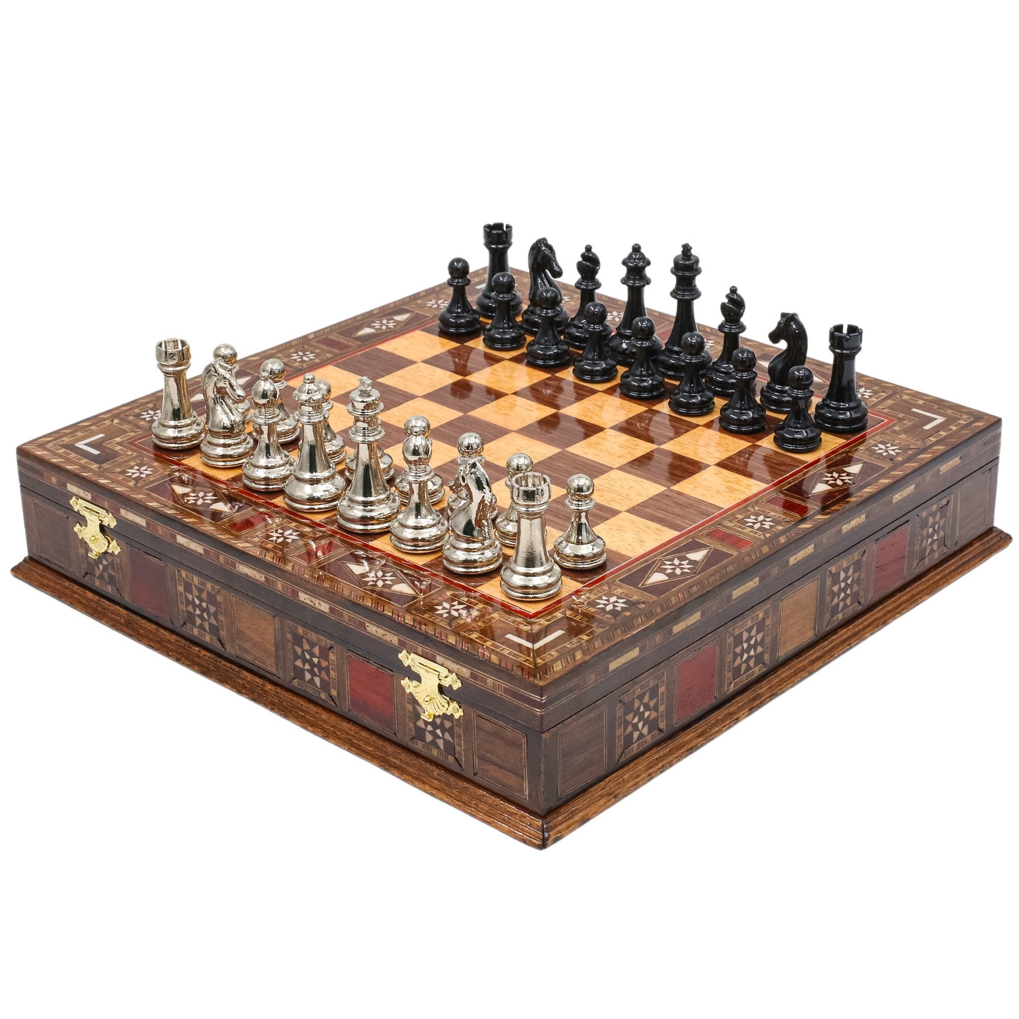 Black Colour Metal Chess Set With Solid Wood Storage Board - Die Cast Metal Chessmen | Staunton Chess Pieces, Personalised Chess Gift