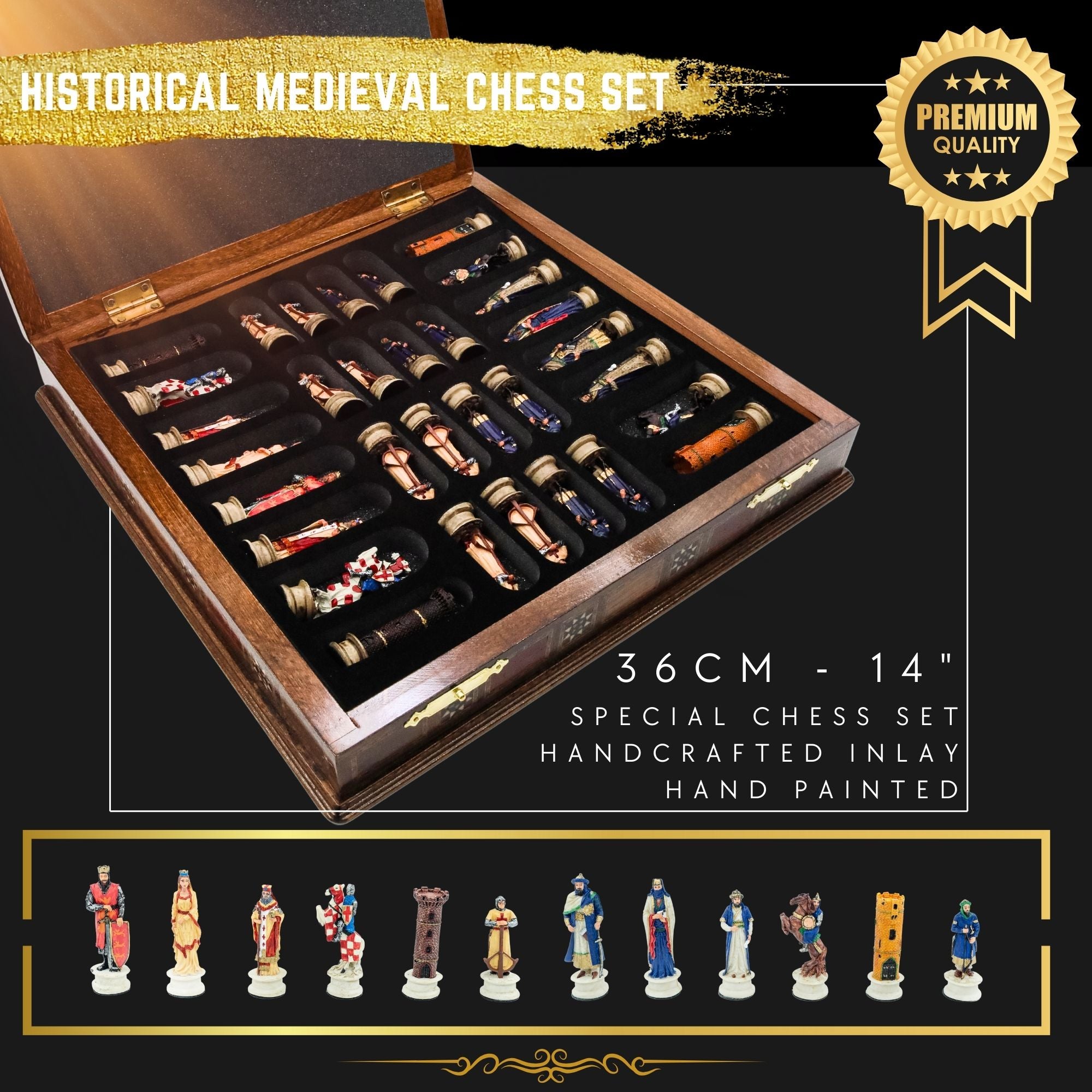 Handmade Inlay Storage Chess Set 38 CM (15") - Arabs vs Crusaders Pieces