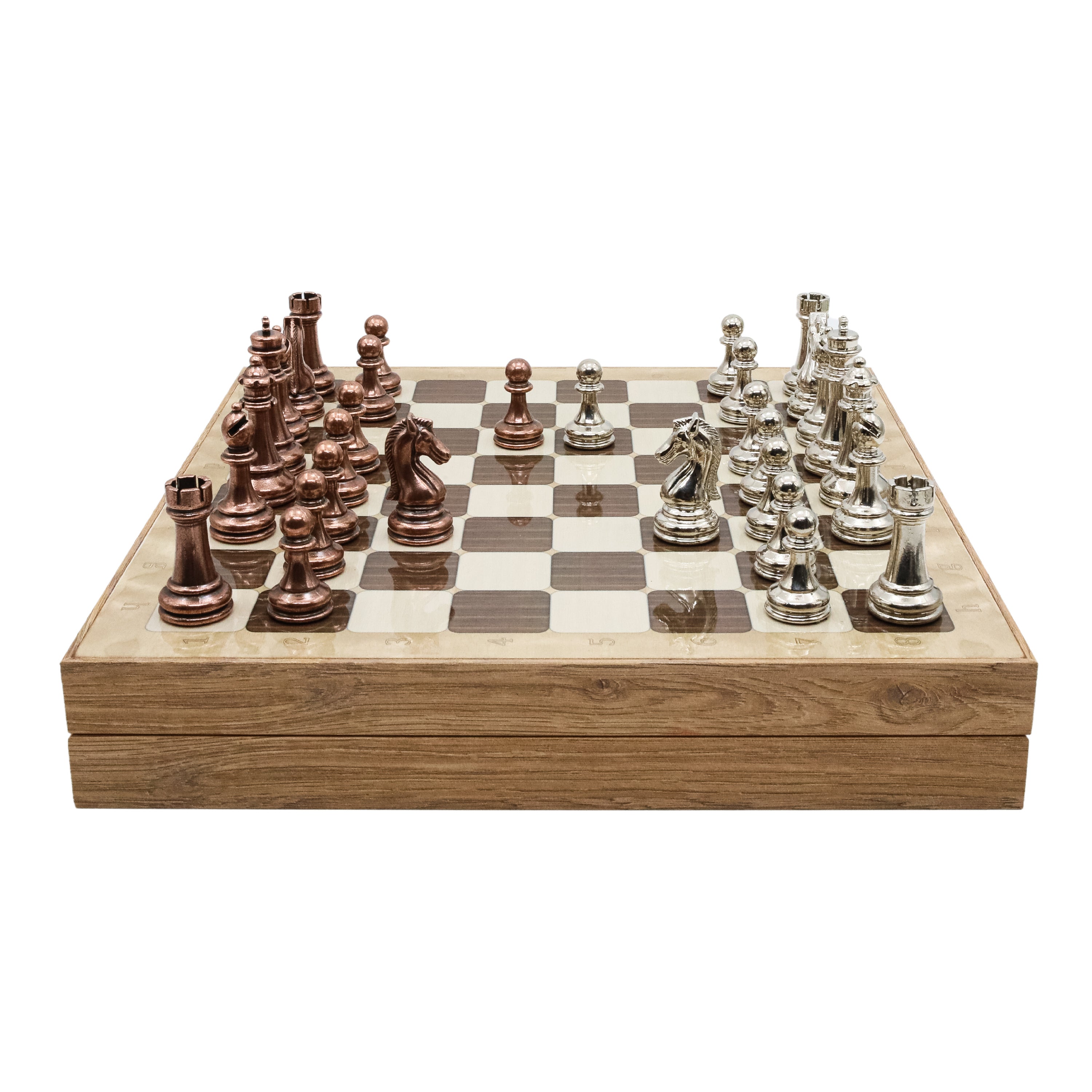 Storage Chess Set with Metal Weighted Staunton Figures (Bronze vs Silver) | 37 CM (15") Storage Chess Board | Classic Metal Figures