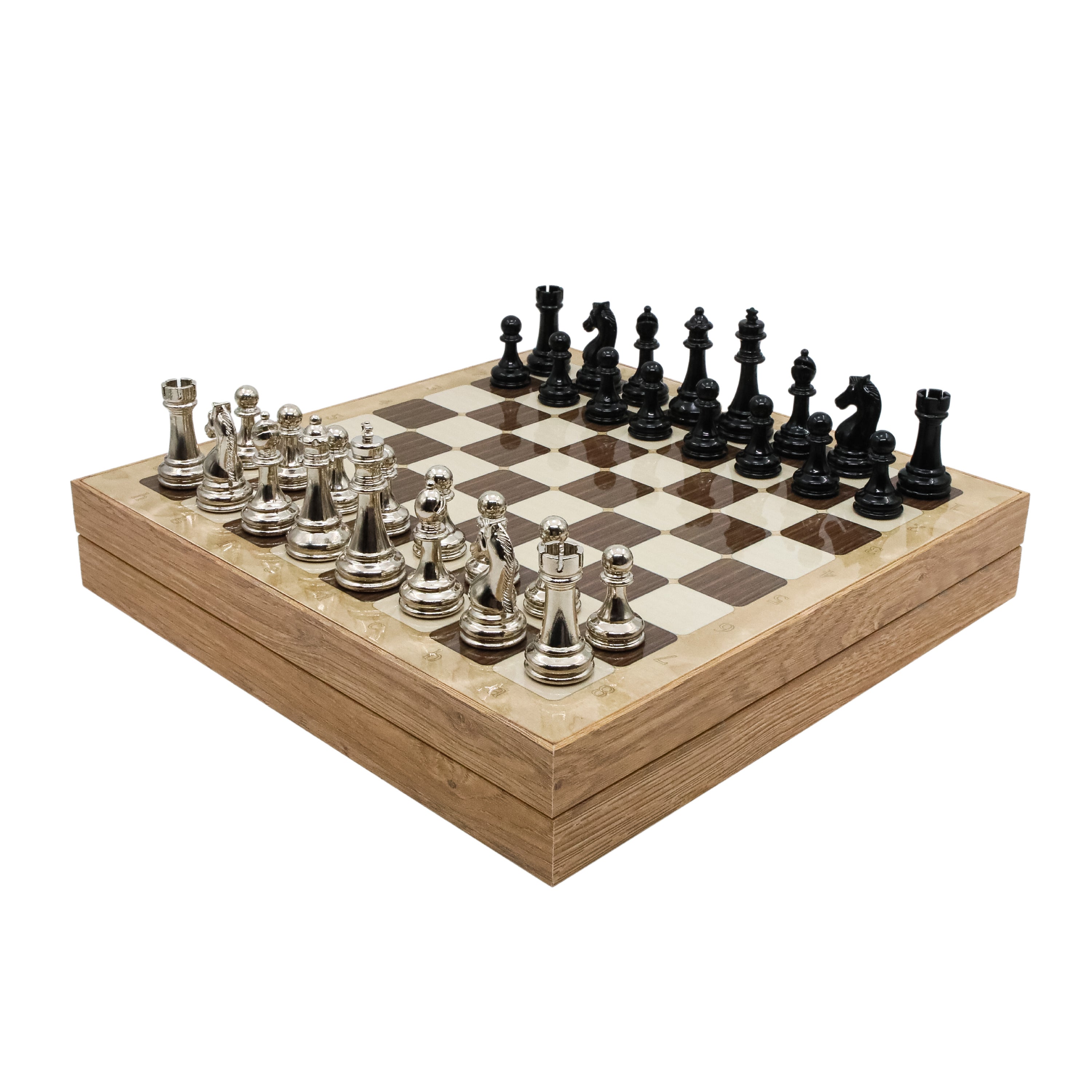 Storage Chess Set with Metal Weighted Staunton Figures (Black vs Silver) | 37 CM (15") Storage Chess Board | Classic Metal Figures