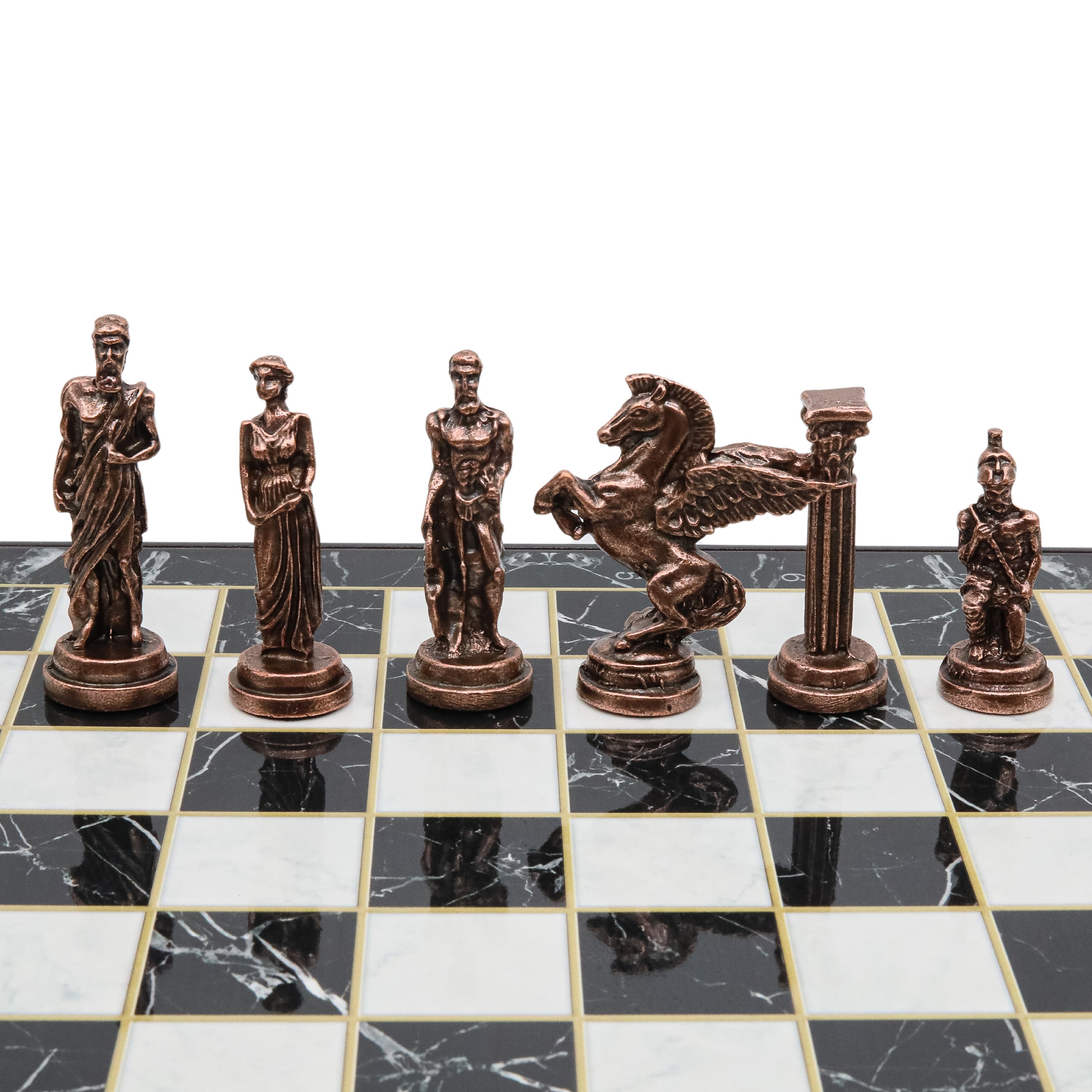 Storage Chess Set with Bronze Metal Mythology Pegasus Chessmen | 37 CM (15") Storage Chess Board | Vintage Greek Pegasus Themed Figures