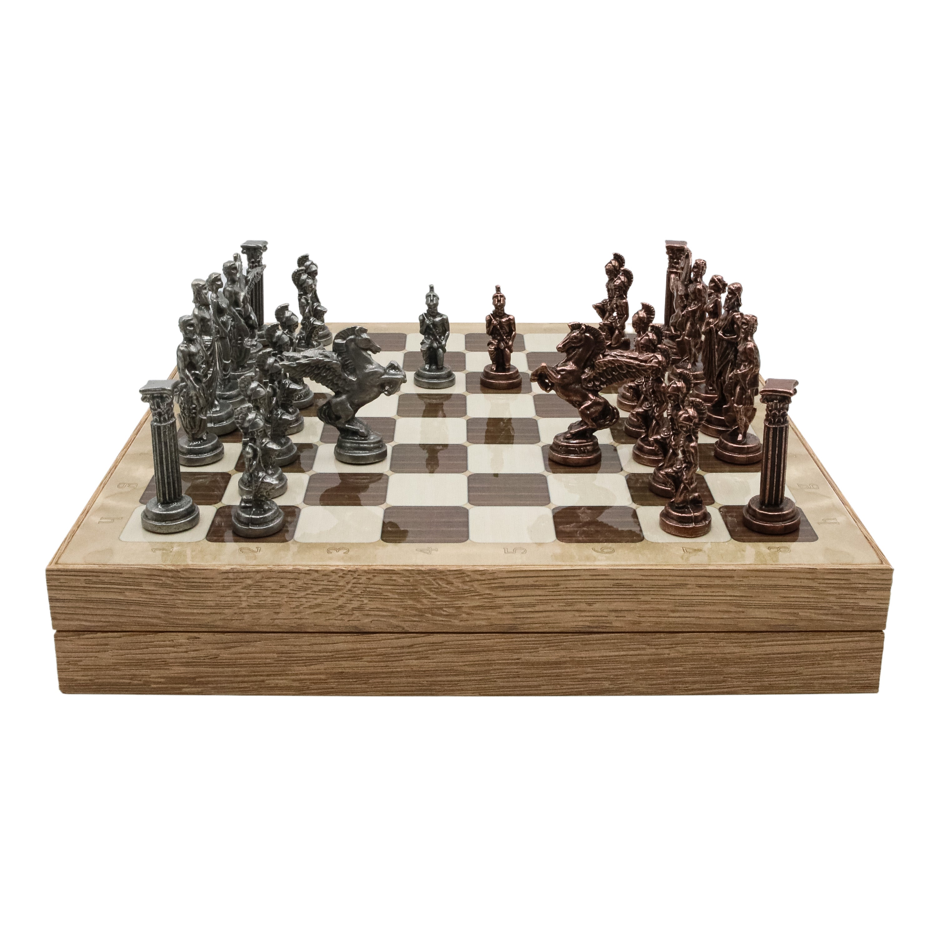 Storage Chess Set with Bronze Metal Mythology Pegasus Chessmen | 37 CM (15") Storage Chess Board | Vintage Greek Pegasus Themed Figures