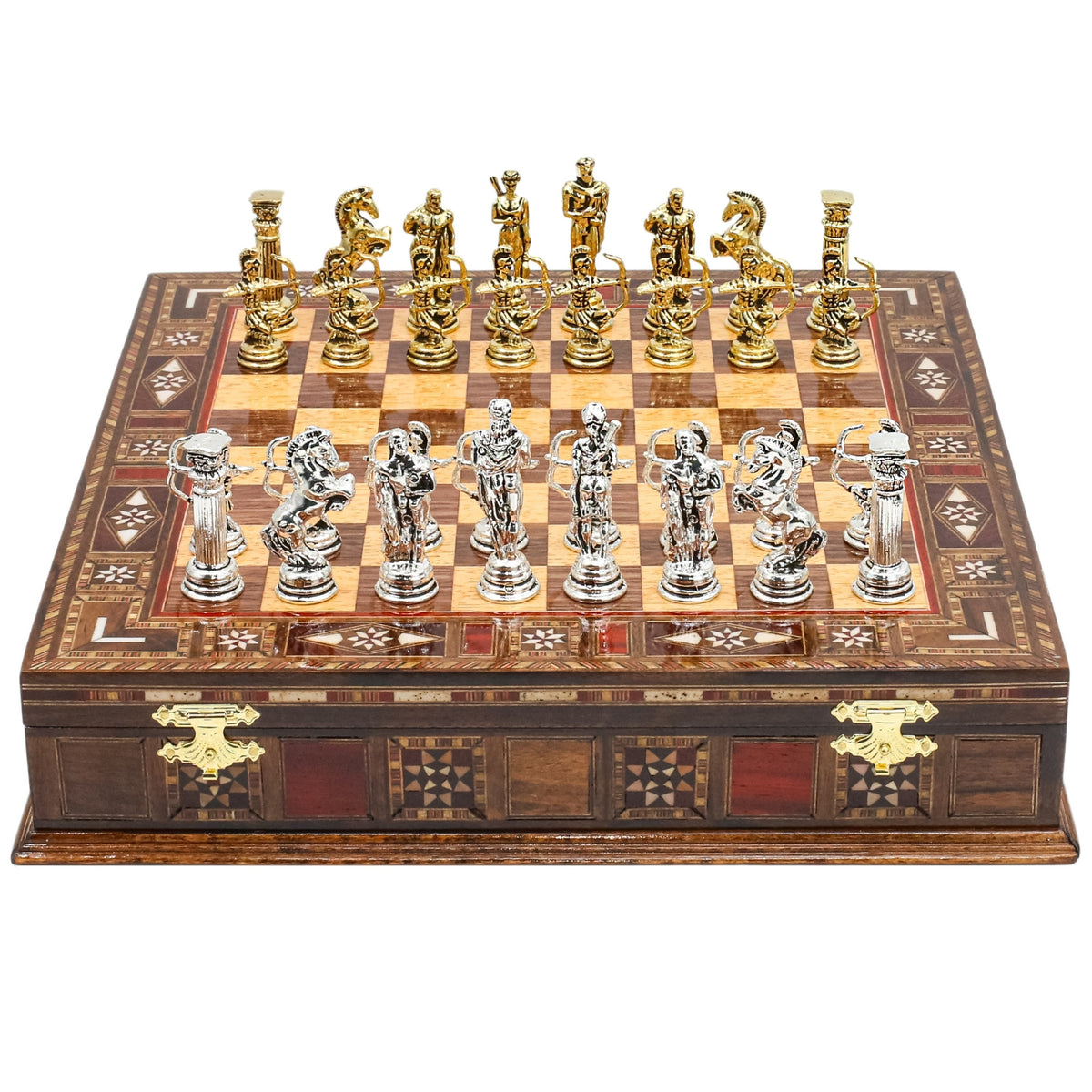 Handmade Inlay Storage Chess Set 30 CM (12") - Greek Archer Die Cast Metal Pieces